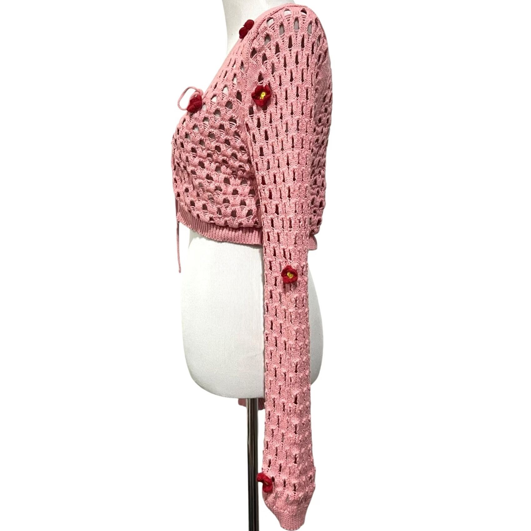 Changes VINTAGE Love Change Italy Shrug Crochet Sweater XL Tie Front Pink 3D Dimensional Flowers Size XL / US 12-14 / IT 48-50 - 4 Thumbnail