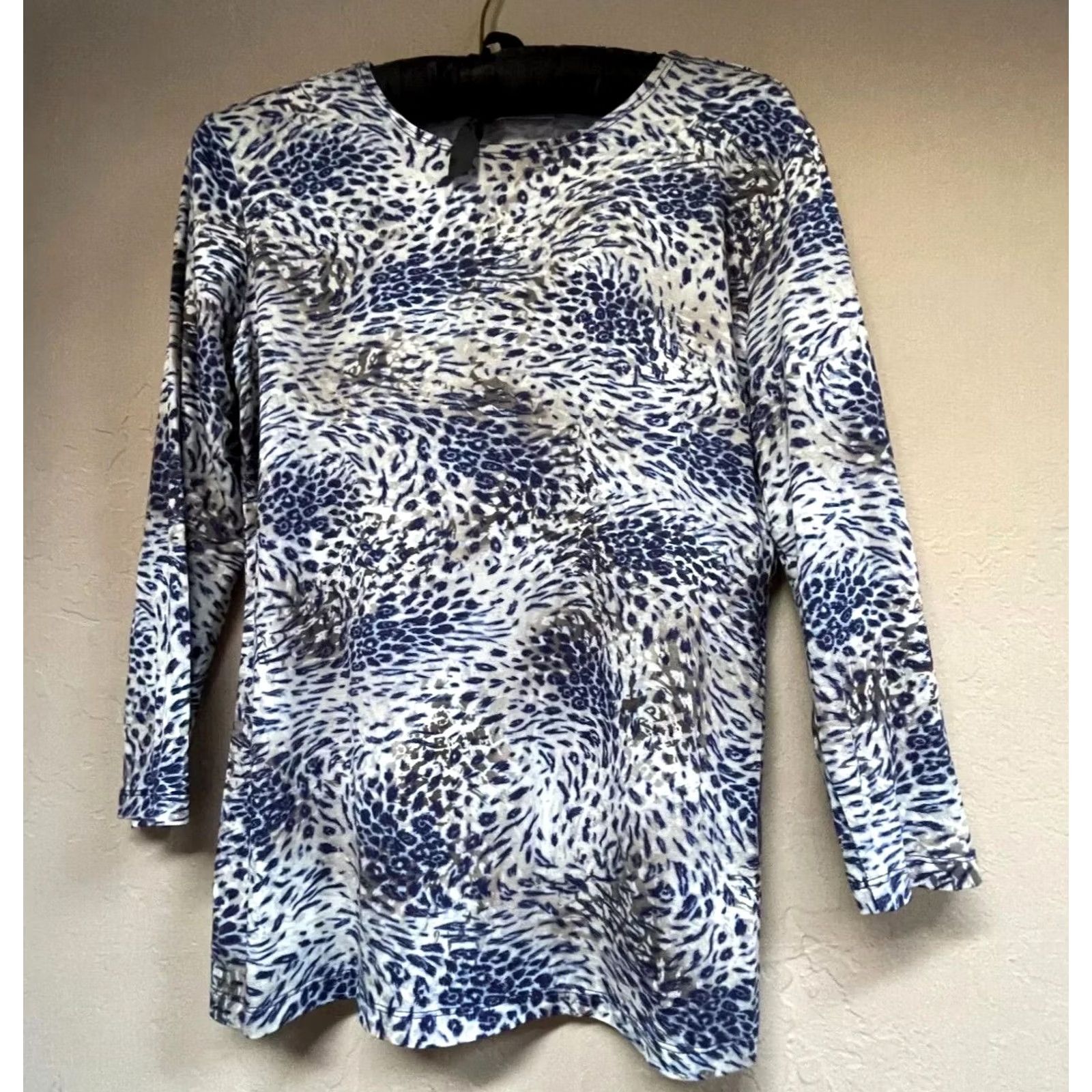 Vintage Leggiadro Womens Top 2 Blue White Animal Print T-Shirt 3/4 Sleeve Stretch Casual Size XS / US 0-2 / IT 36-38 - 2 Thumbnail