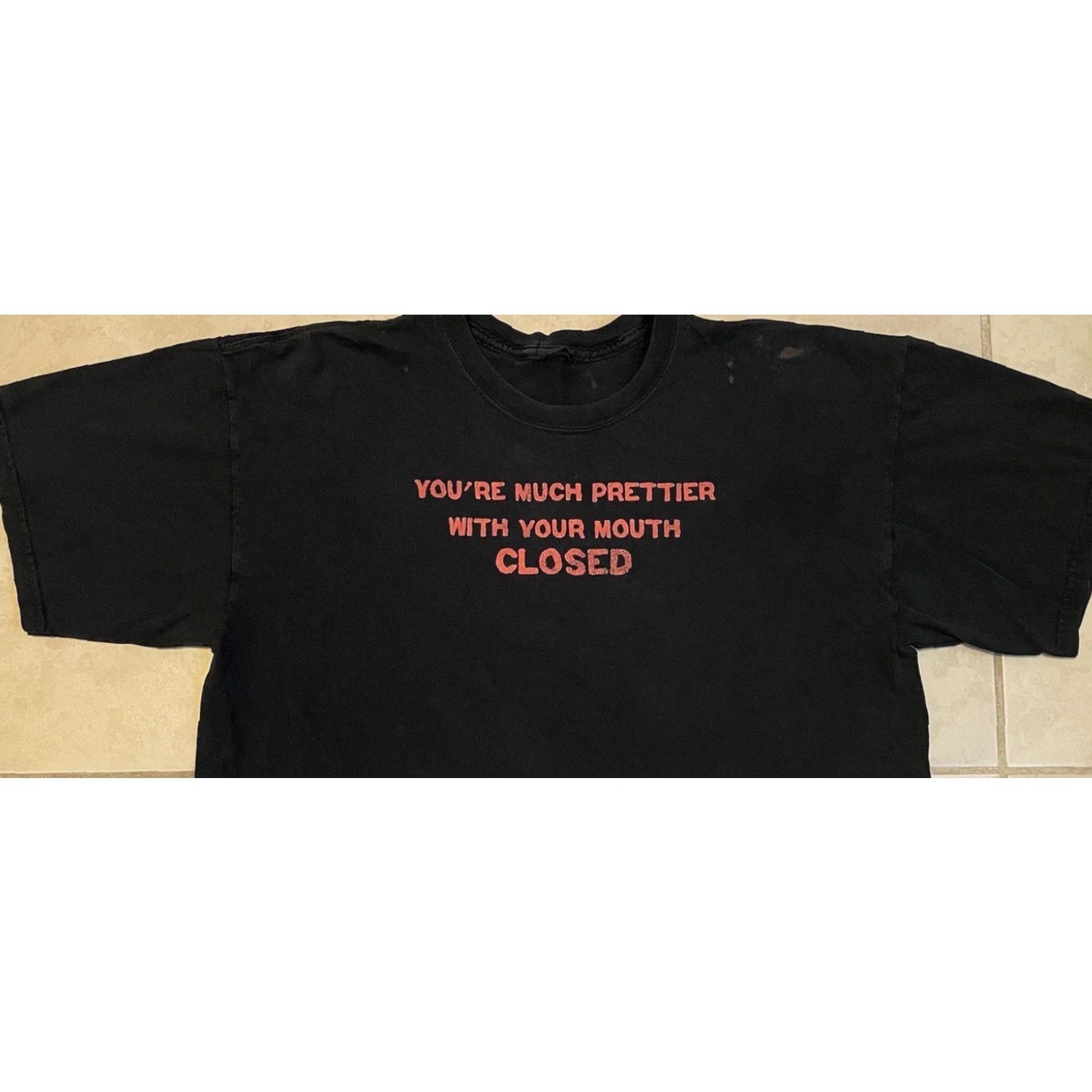 CLOSED VINTAGE You’re Much Prettier With Your Mouth Closed Faded Shirt Grunge Mens T-Shirt L Black 90s Y2K Funny Joke Band Punk Rock Humor Sarcasm Size US L / EU 52-54 / 3 - 6 Thumbnail