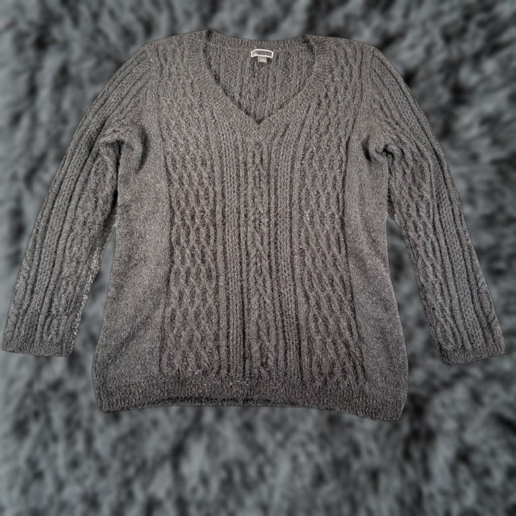 Vintage Chelsea28 Sweater Womens Large V-Neck Cable-Knit Cashmere Wool Blend Gray Pullover, Regular Fit, Soft Fuzzy Knit, Long Sleeve, Casual Size L / US 10 / IT 46 - 1 Thumbnail