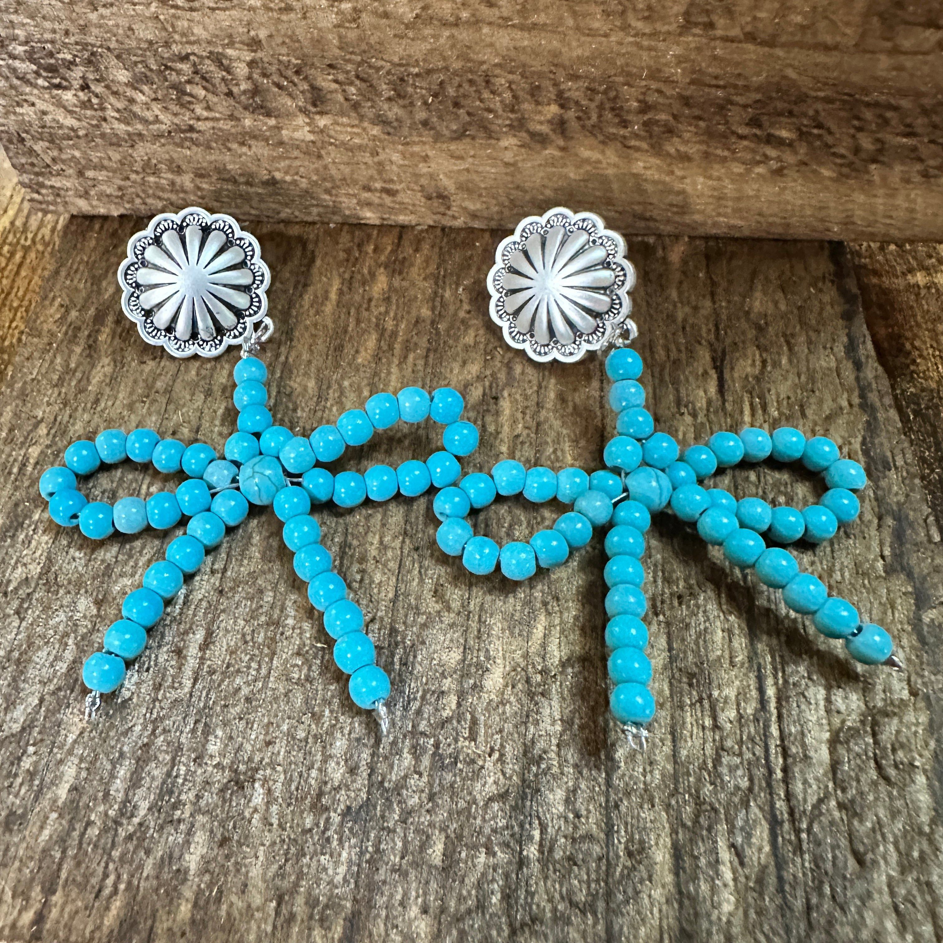 Other Handmade Ribbon Bow Post Earrings with Turquoise Beads, West Size ONE SIZE - 3 Thumbnail