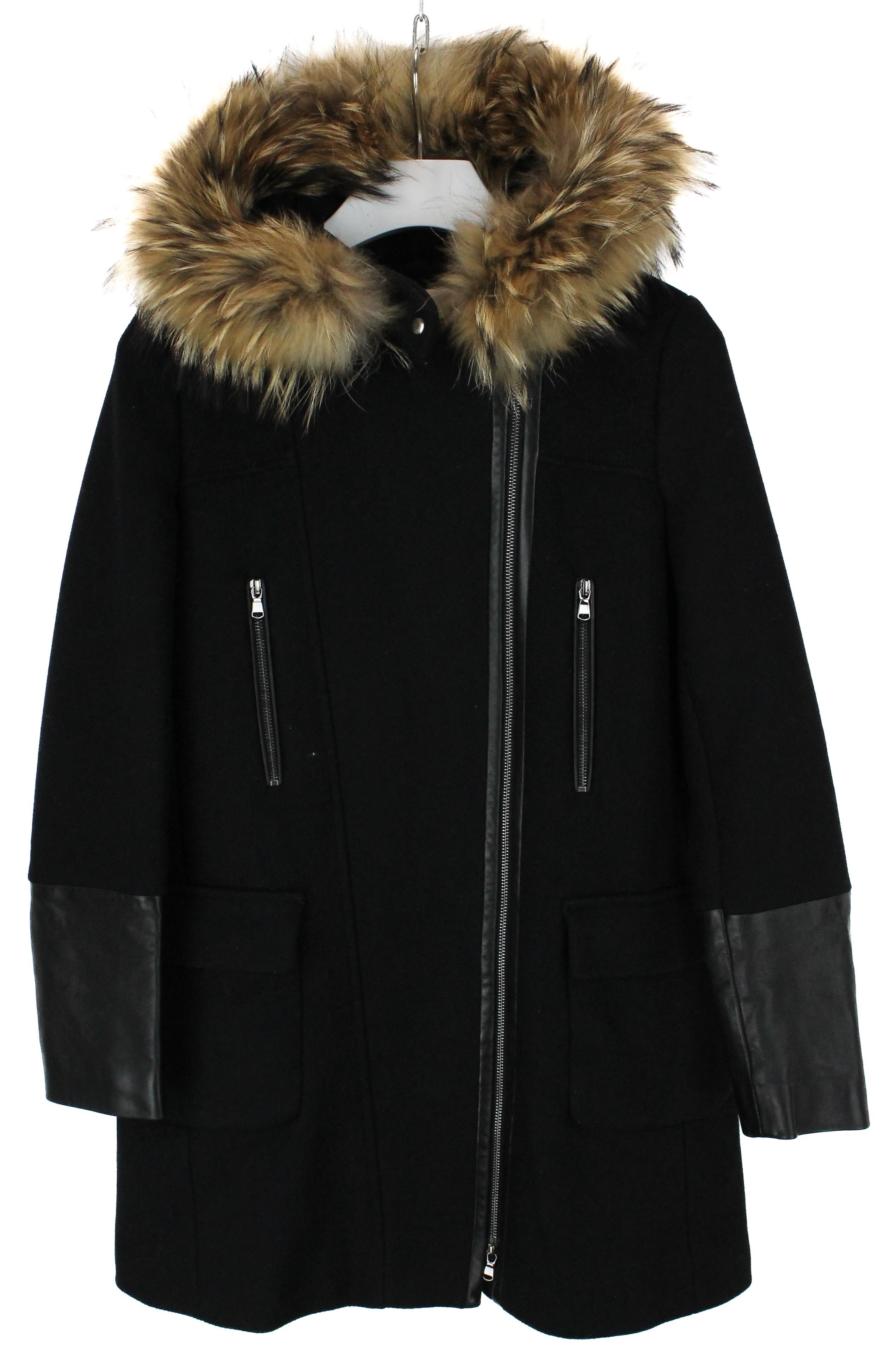 ZAPA Women's SMALL Wool Blend Hooded Fur Leather Trim Coat