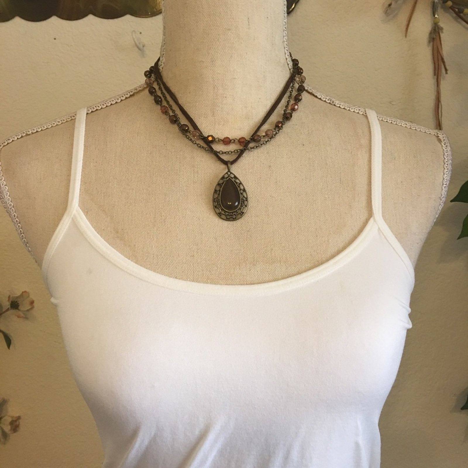 Jewelry Triple strand leather chain bead amulet necklace Size ONE SIZE - 3 Thumbnail