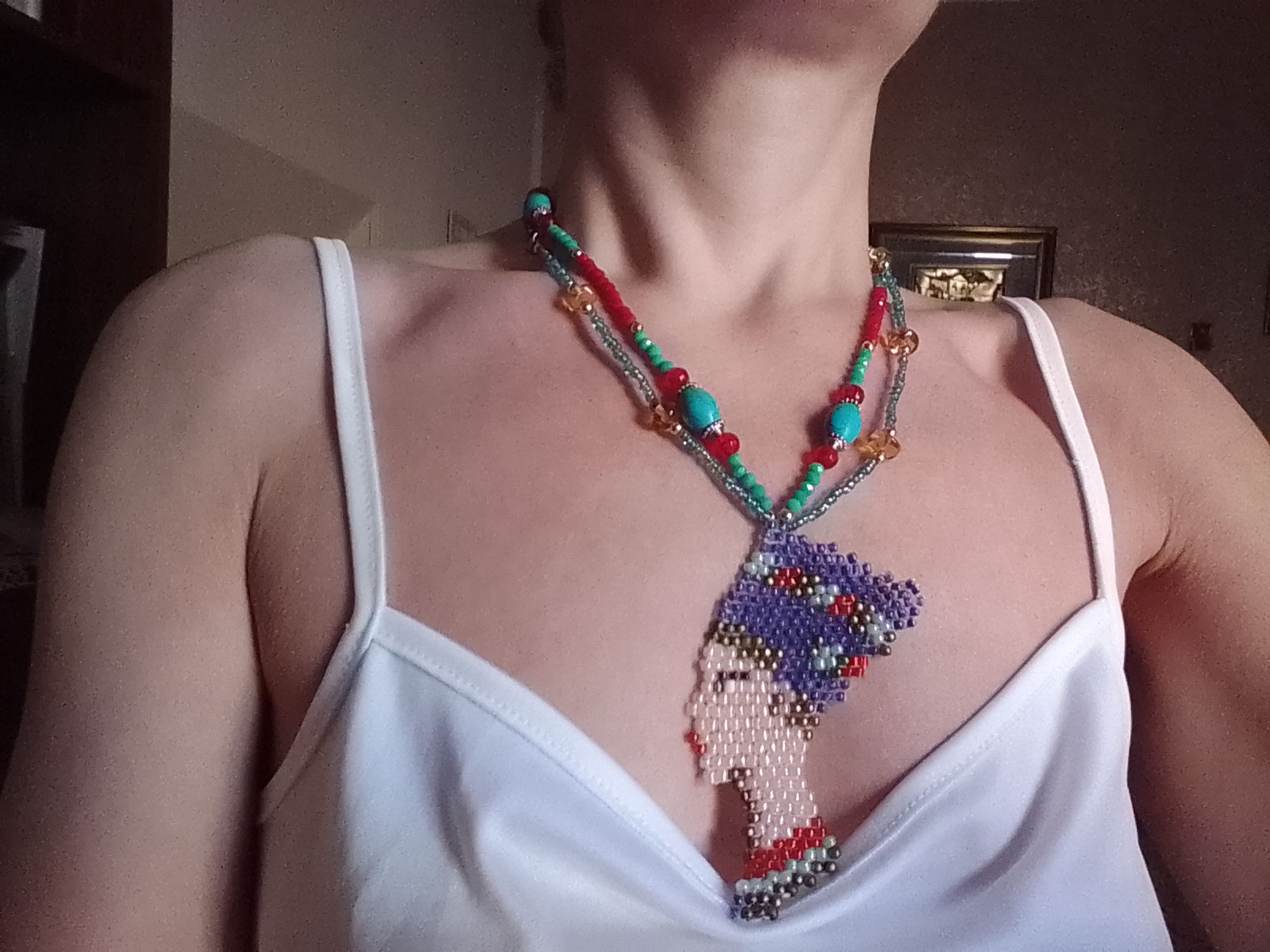 Handmade Necklace beaded boho. Pendant Nefertiti. Double thread Size ONE SIZE - 5 Thumbnail