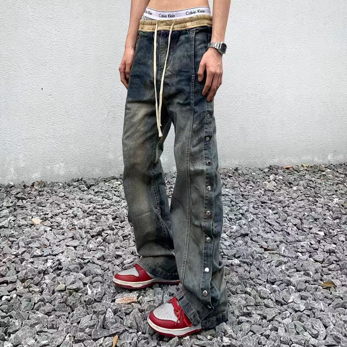 Japanese Brand × Jean Street Hip Hop Drawstring Ribbon Washed Baggy Jeans Size US 32 / EU 48 - 3 Thumbnail