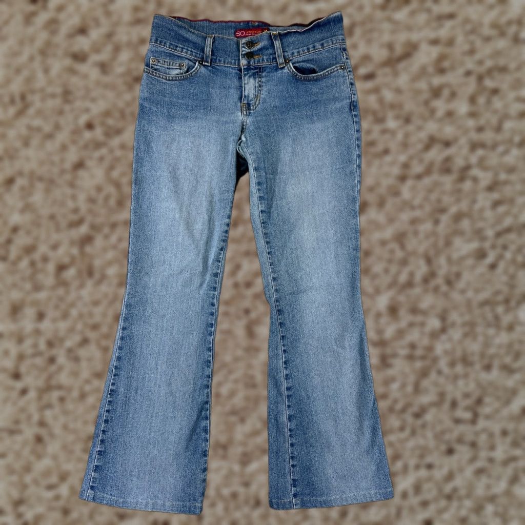 Vintage SO Jeans Women 5 Blue Denim Flared Low Rise Light Wash Cotton Blend Size 27" / US 4 / IT 40 - 1 Thumbnail