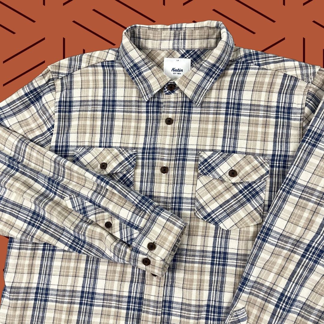 Katin Katin Flannel Shirt Mens Large Brown Blue Plaid Button-Up Long Sleeve Regular Fit Size US L / EU 52-54 / 3 - 1 Thumbnail