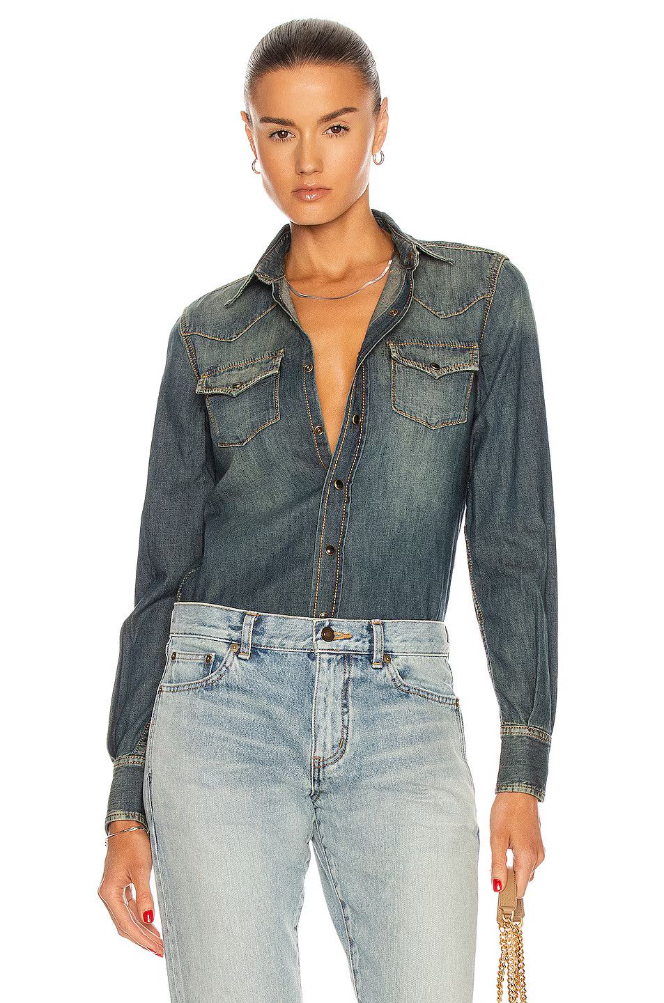 Saint Laurent Paris o1s1wg111124 Western Shirt in Denim in Deep Vintage Blue Size S / US 4 / IT 40 - 3 Thumbnail
