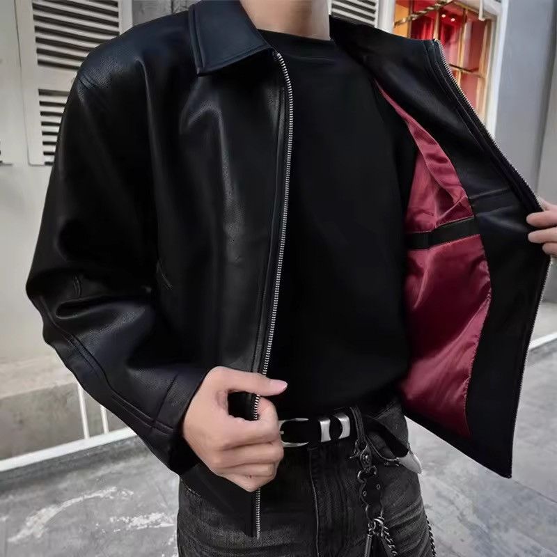 Black Faux Leather Jacket Men's Classic Zip Outerwear