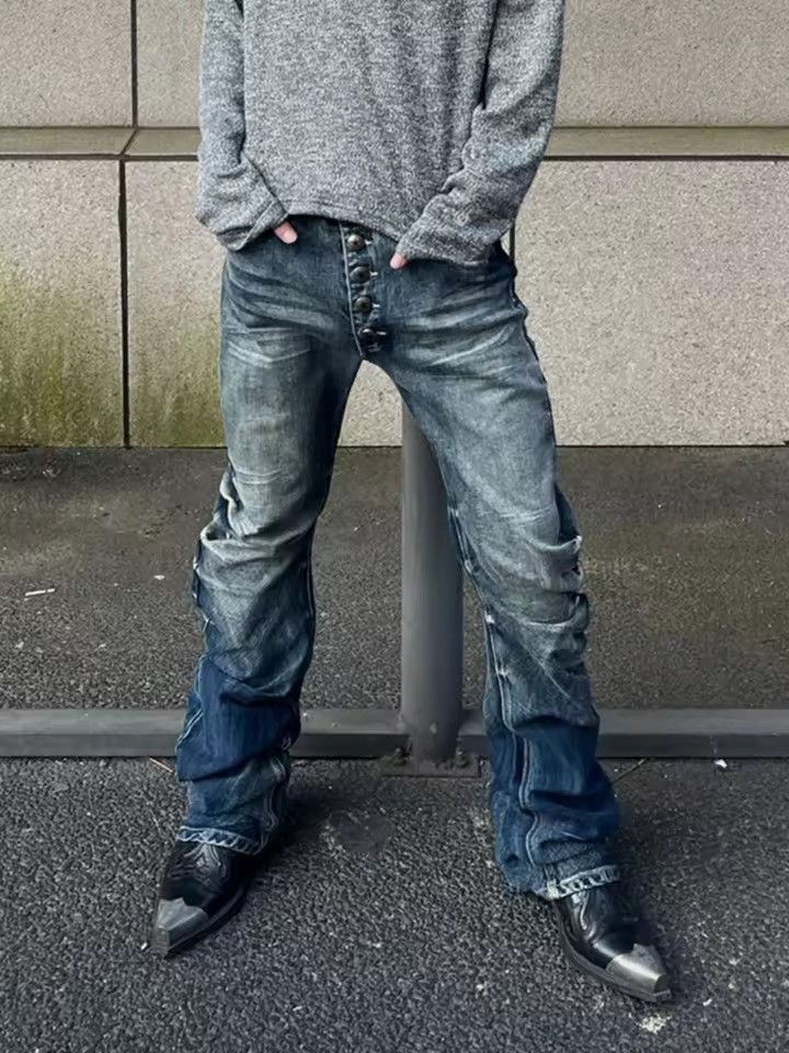 Jean Distressed Denim Flared Jeans with Button Detail | Unique Size US 34 / EU 50 - 5 Thumbnail