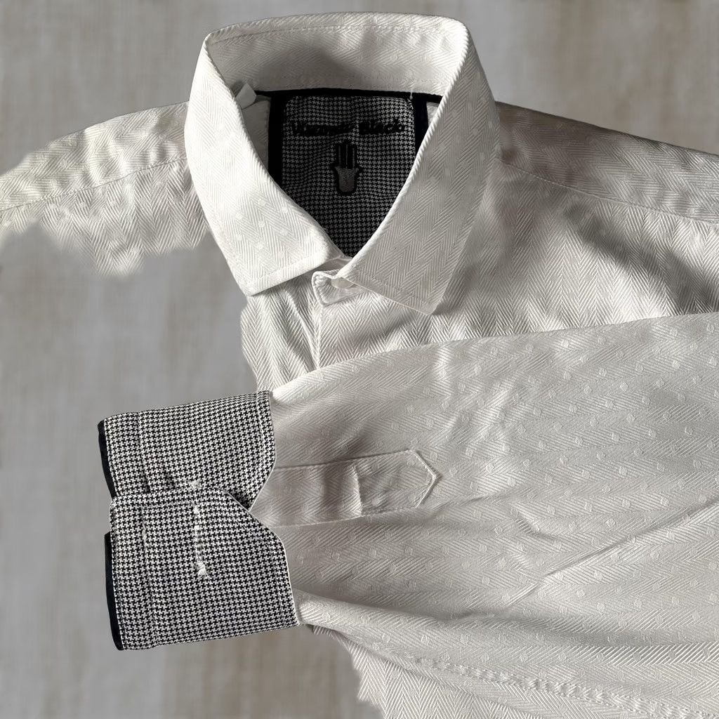 Vintage VINCENT BLACK Dress Shirt Mens M White Herringbone Dot Contrast Long Sleeve Size 40R - 1 Thumbnail