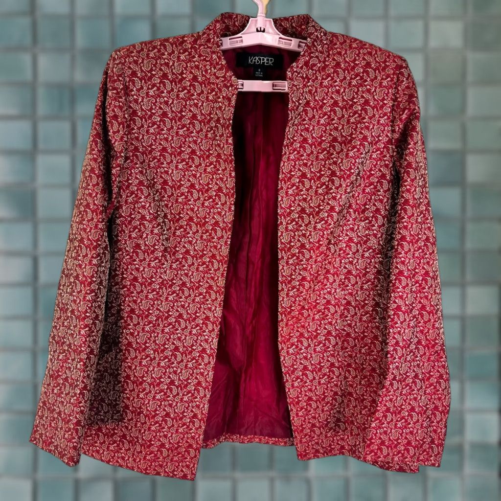 Kasper Kasper Blazer Jacket Womens size 8 Floral Open Blazer Maroon Poly Red Lined Casual Business Women Size M / US 6-8 / IT 42-44 - 1 Thumbnail