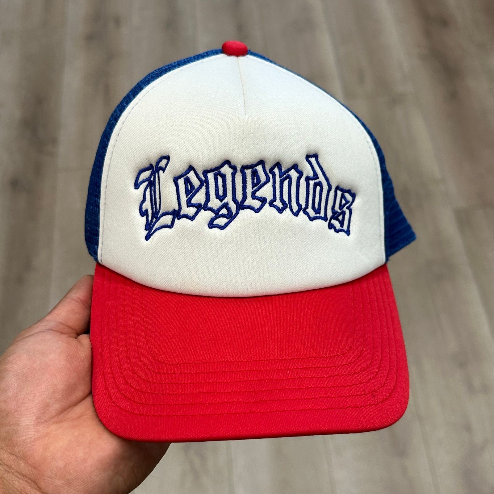 Stussy Legends Old English Red White Blue Trucker Hat Cap Size ONE SIZE - 2 Thumbnail