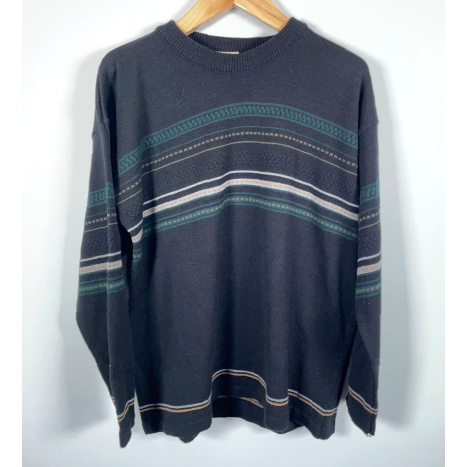 Vintage VINTAGE County Seat Sweater Shirt XL Men Black Green Striped Knit Crewneck Acrylic Knit VTG Pullover Size US XL / EU 56 / 4 - 2 Thumbnail