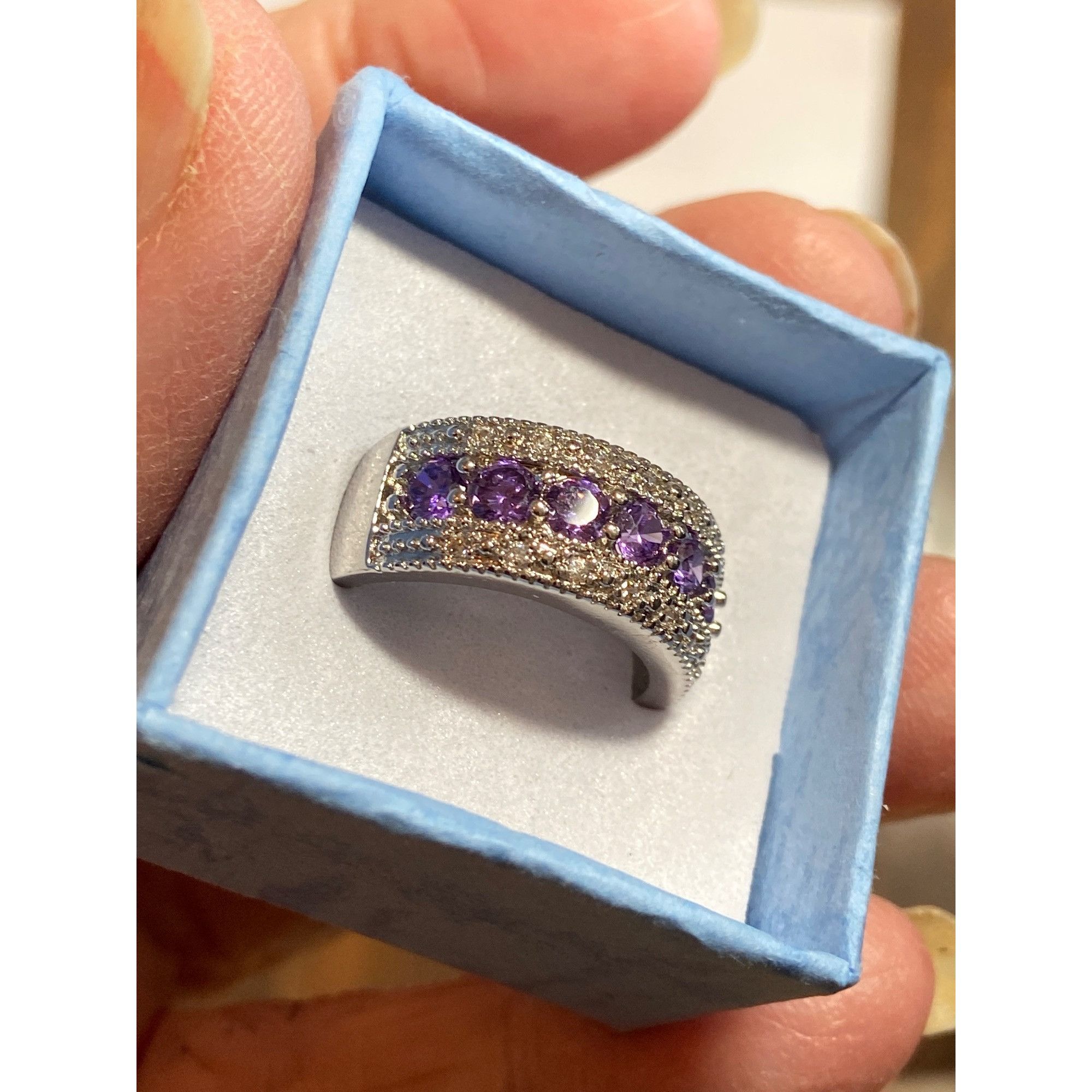 Other Sterling 925 Silver Wide Band Ring With Seven Amethyst Gemst Size ONE SIZE - 6 Thumbnail