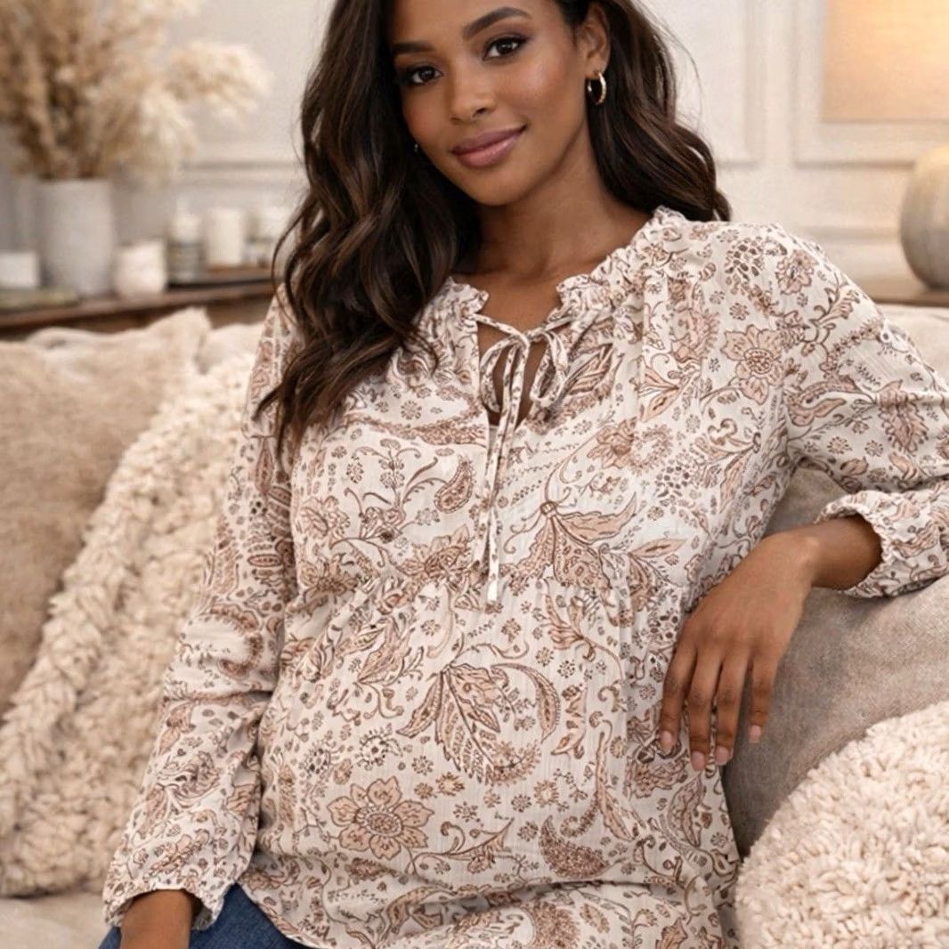 H&M H&M Mama boho paisley cream tan brown sheer pretty maternity top blouse XS Size XS / US 0-2 / IT 36-38 - 2 Thumbnail