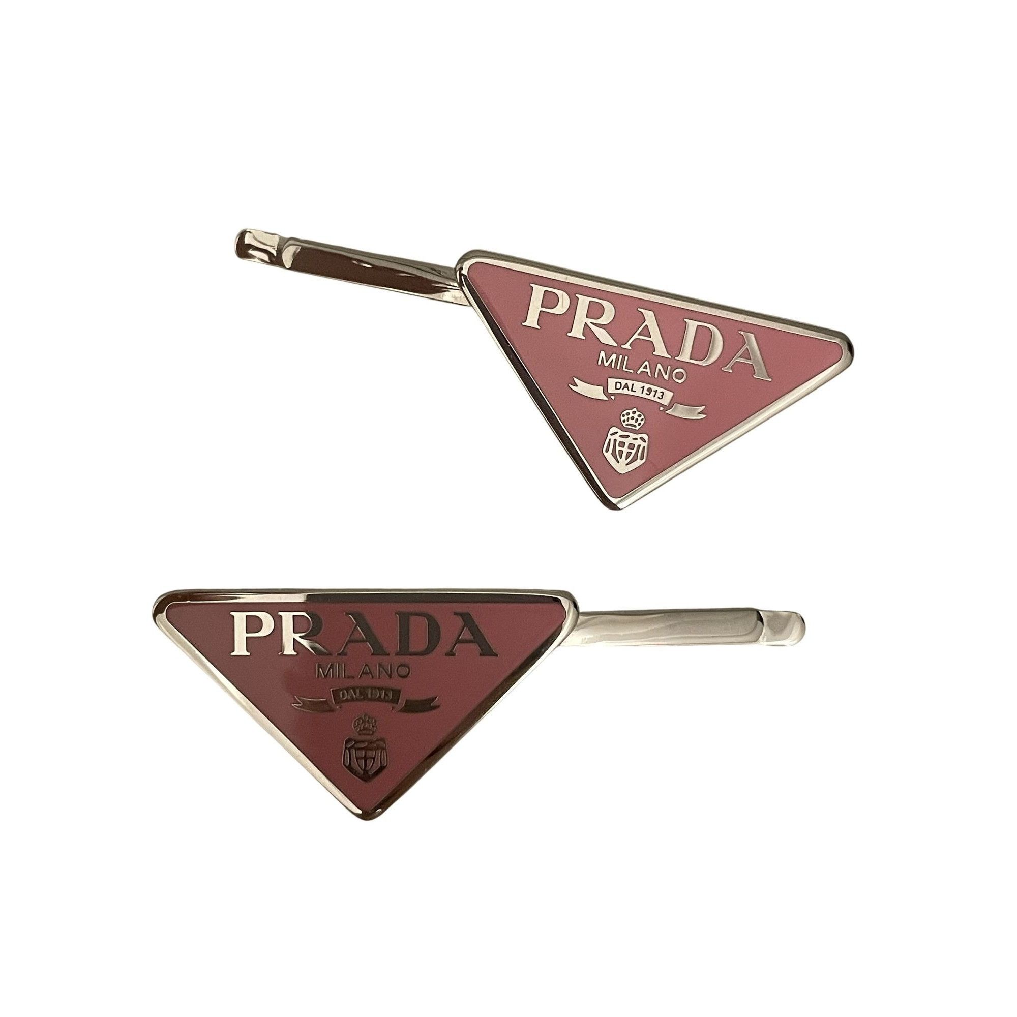Prada Prada Milano Pink Triangle Logo Hair Clips With Silver-Tone Size ONE SIZE - 1 Thumbnail