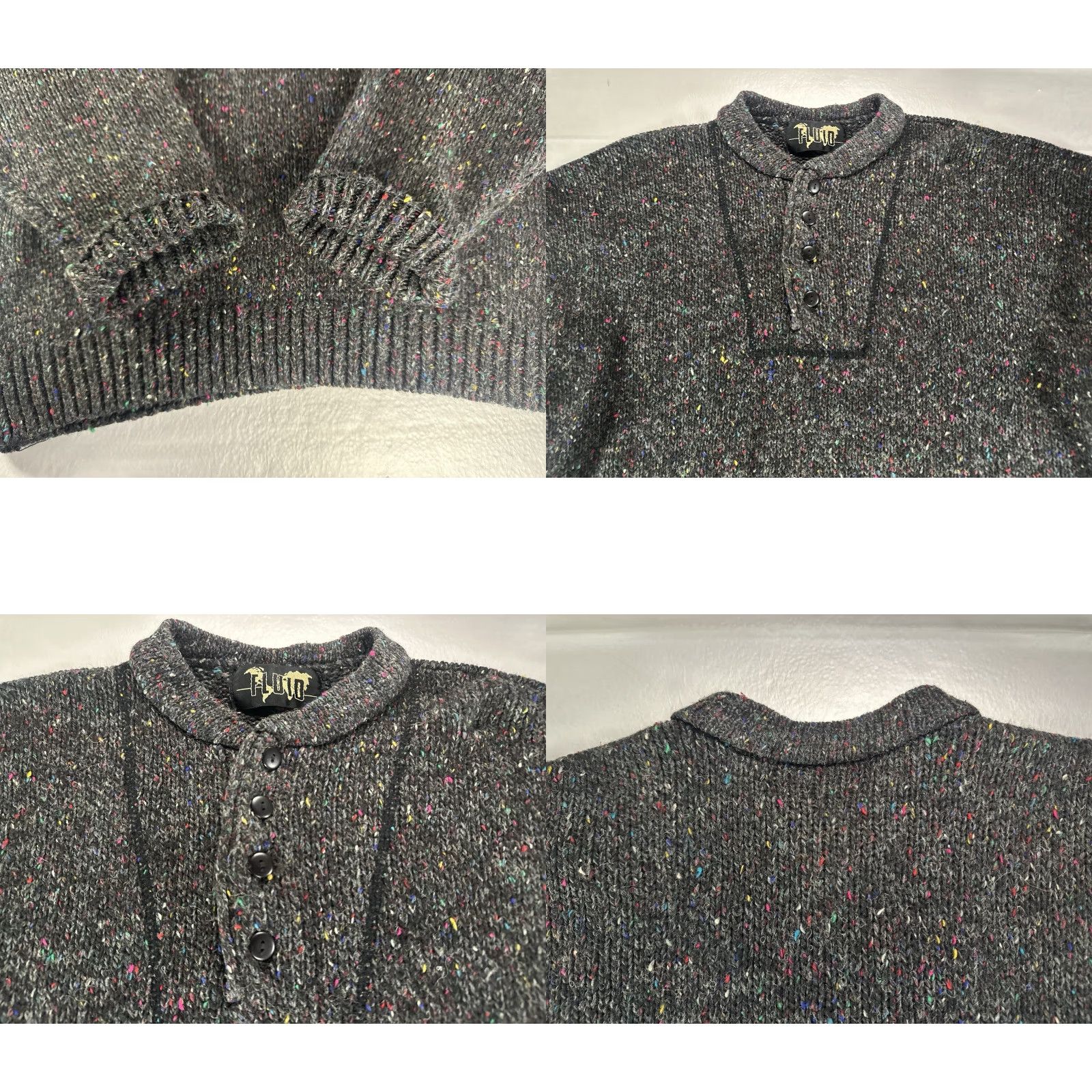 Vintage FLUID Fleck Knit Henley Sweater Men’s Large Gray Wool Blend Button Pullover Size US L / EU 52-54 / 3 - 9 Thumbnail