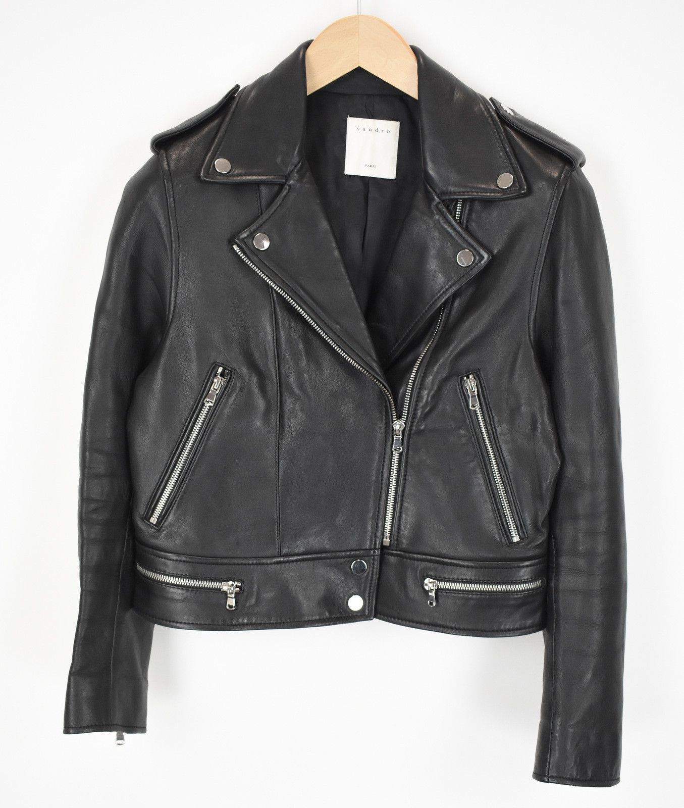 Sandro SANDRO Jacket Women's MEDIUM Lamb Leather Biker Full Zip Size M / US 6-8 / IT 42-44 - 5 Thumbnail