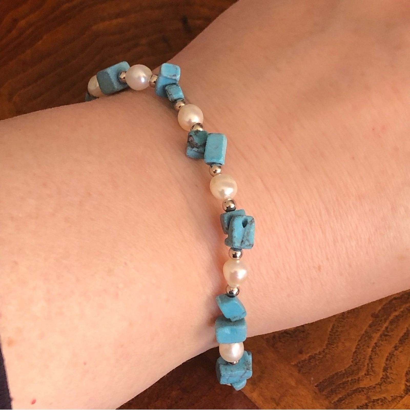 Vintage Vintage 70s faux turquoise genuine pearl bracelet Size ONE SIZE - 1 Thumbnail