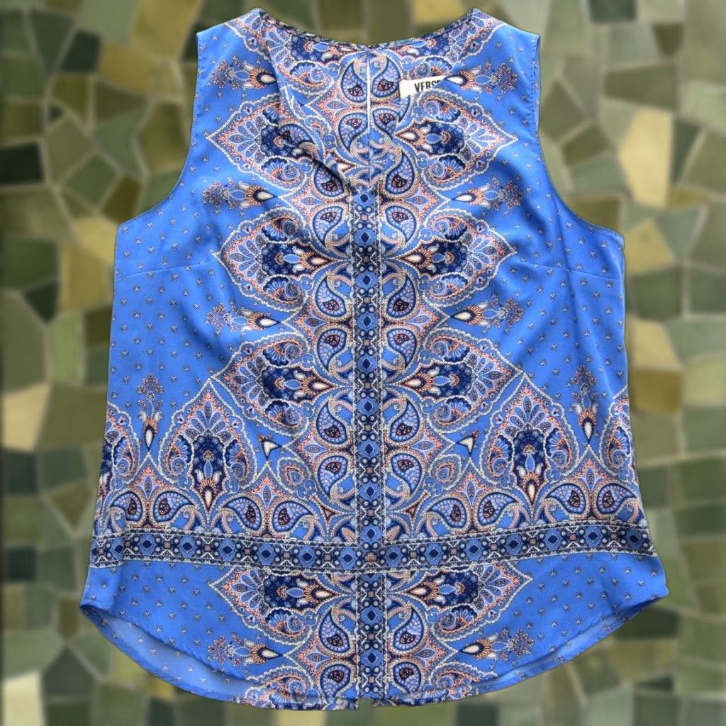 Vintage NWT Verse Blue Paisley Floral Sleeveless Jory Split Neck Tunic Top Blouse Large Size L / US 10 / IT 46 - 1 Thumbnail