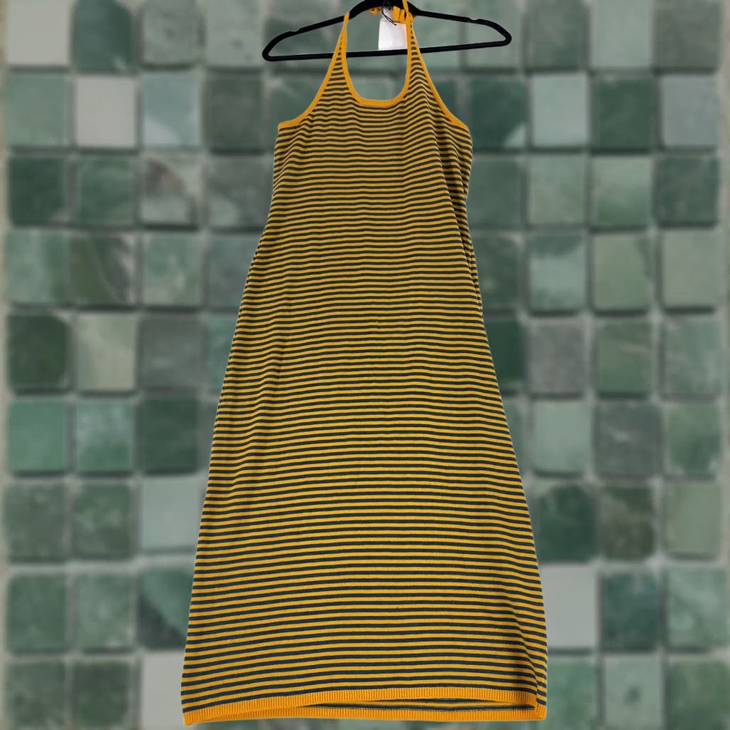 Vintage Callahan Nicky Halter Dress Womens Small Yellow Blue Stripe Knit Casual Pullover Dress Size S / US 4 / IT 40 - 1 Thumbnail