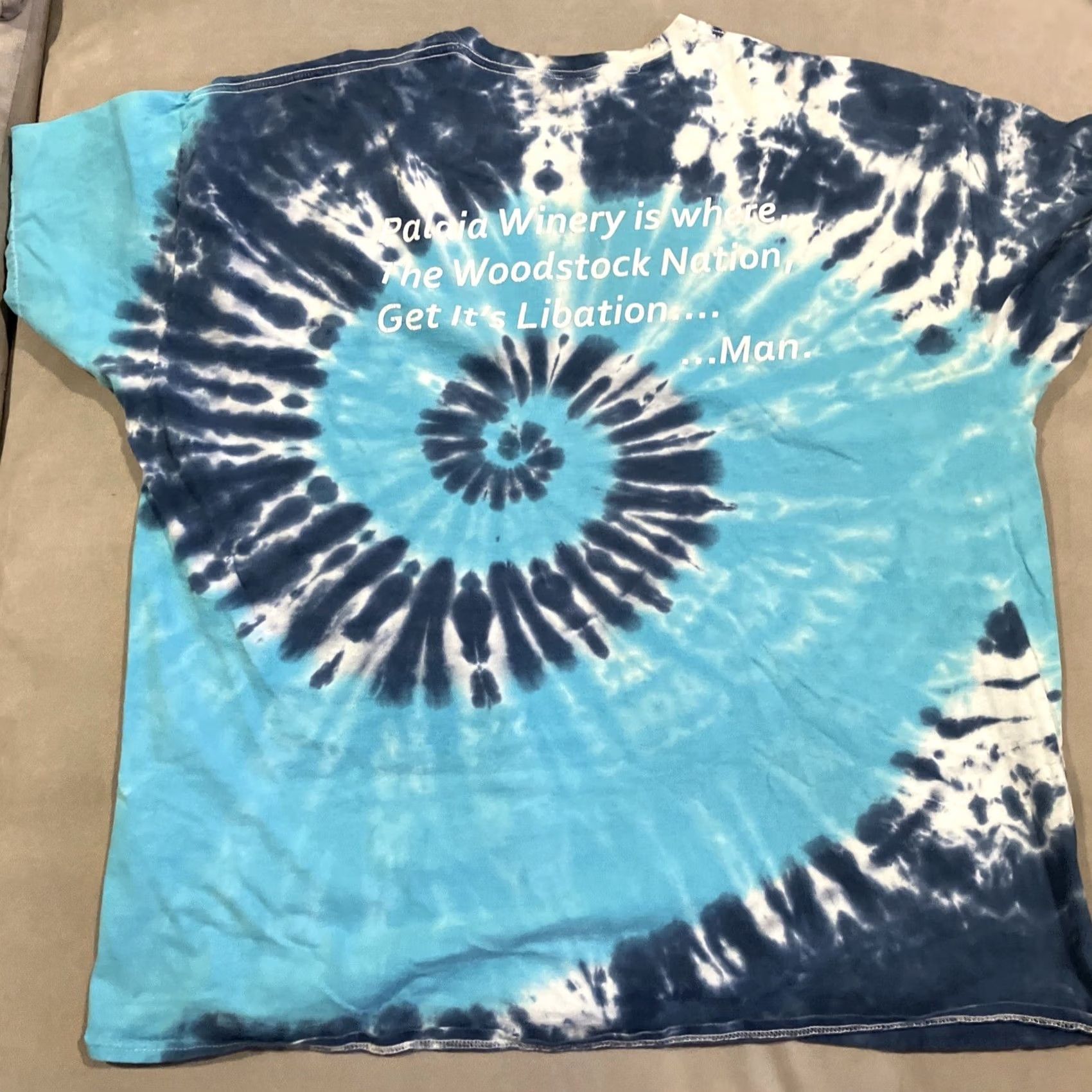 Gildan Gildan T-Shirt Mens Blue Spiral Tie Dye Palaia Vineyards Woodstock NY 2XL Shirts XXL - Rip in armpit AS-IS Size US XXL / EU 58 / 5 - 4 Thumbnail