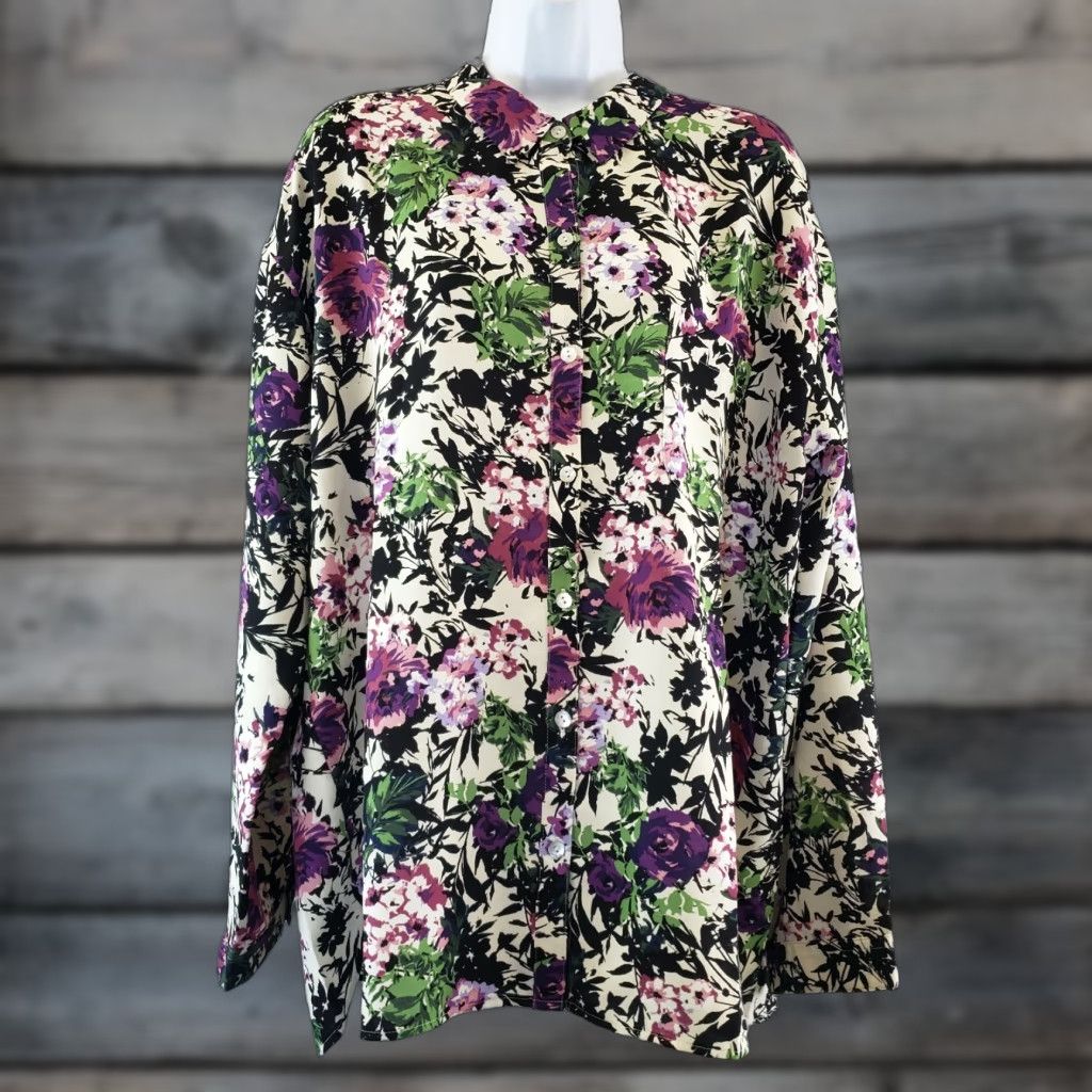 J. Jill J. Jill Blouse Shirt Womens Relaxed Shirttail Floral Black Oatmeal Long Sleeve Large Size L Polyester Mens? Size L / US 10 / IT 46 - 1 Thumbnail