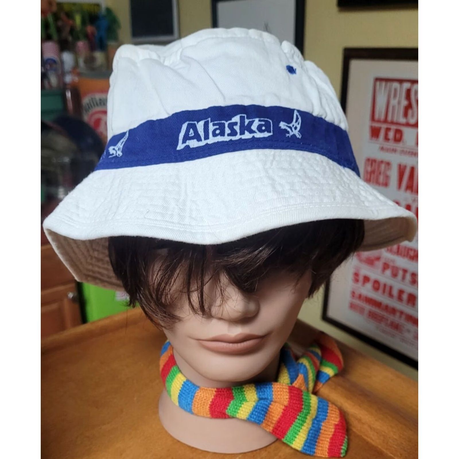 Vintage VINTAGE Alaska Bucket Hat - Bucket Hat White White Medium Unisex Adults M Cotton Logo Print 90s Theme Mens Womens Size ONE SIZE - 2 Thumbnail