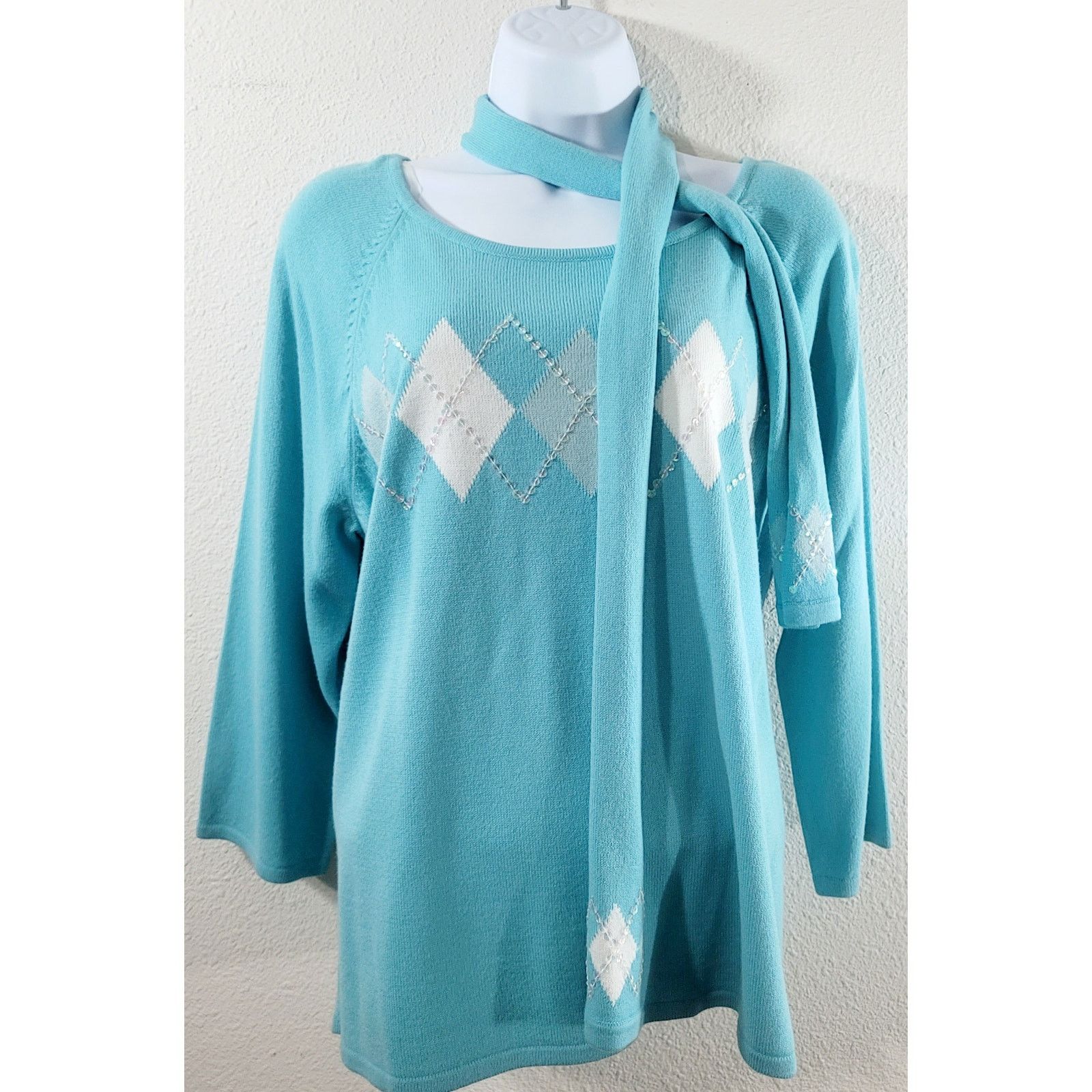 Other RQT Blue White Argyle Print Sequin Sweater Top XL Size XL / US 12-14 / IT 48-50 - 1 Thumbnail