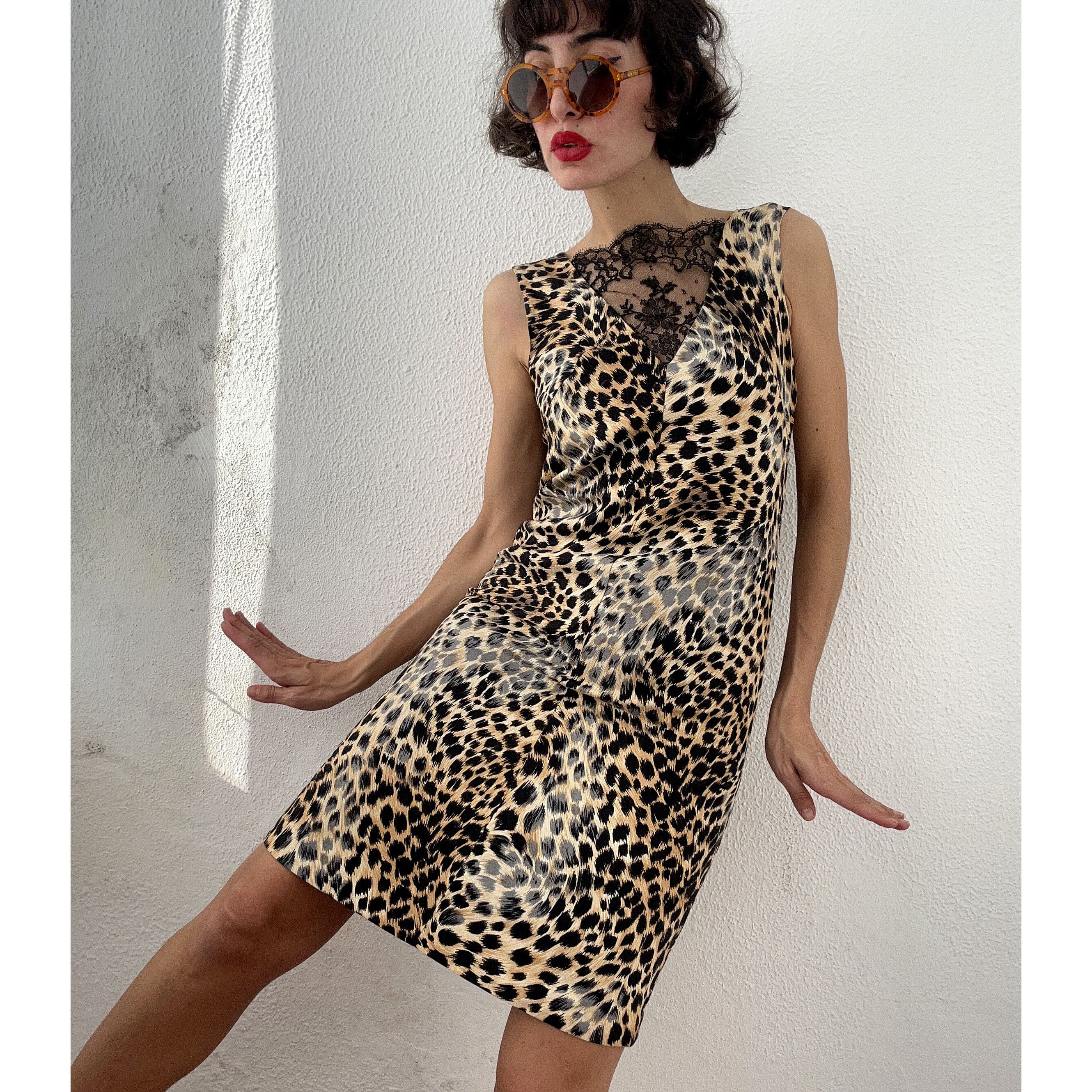 image of Vintage Cheetah Print Silk Dress, Animal Print Tank Dress in Black Brown, Women's (Size Small)