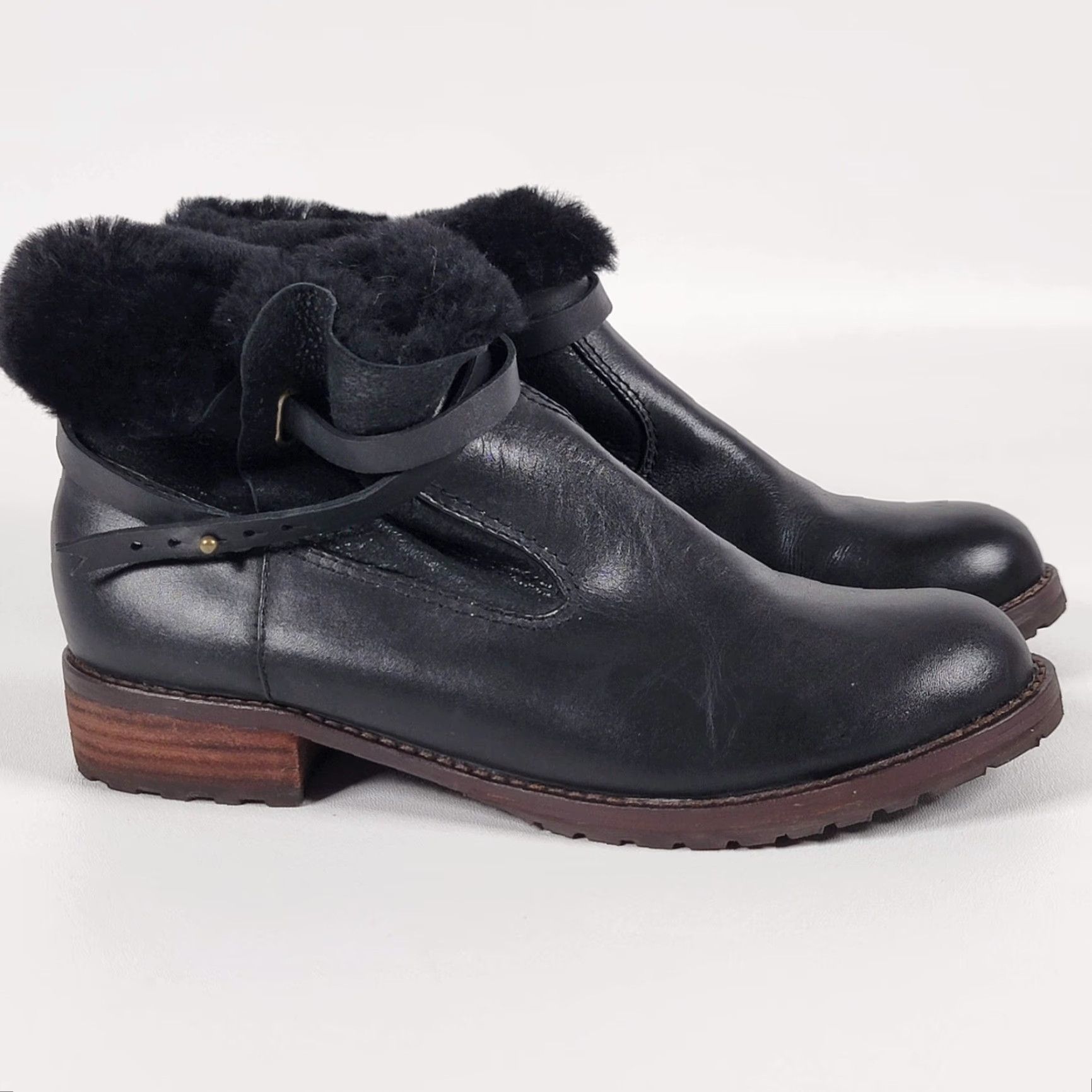 Vintage Matt Bernson Womens Boots Black Leather Shearling Trim Ankle Pull On 7.5 M Size US 8 / IT 38 - 2 Thumbnail