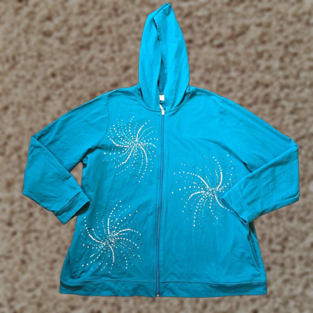 Quacker Factory Quacker Factory Sweater Women XL Green Sequin Hoodie Knit Full Zip Casual Party Size XL / US 12-14 / IT 48-50 - 1 Thumbnail