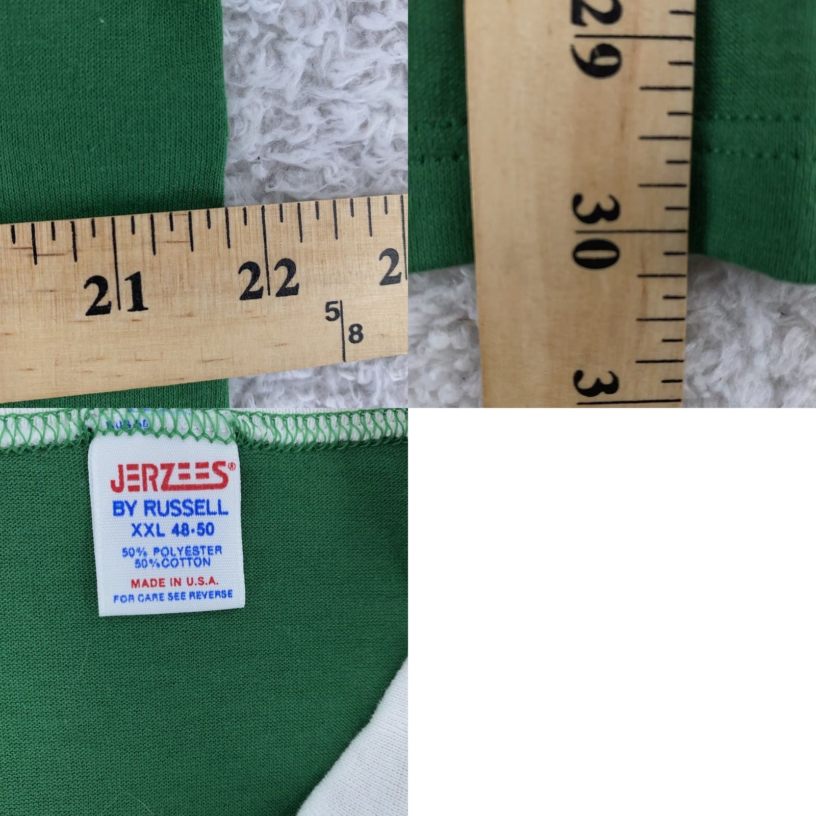 Jerzees VINTAGE Jerzees T-Shirt Green Mens L V-Neck Jersey Shirt Short Sleeve Striped Sleeve 80s Jersey Knit Size US L / EU 52-54 / 3 - 8 Thumbnail