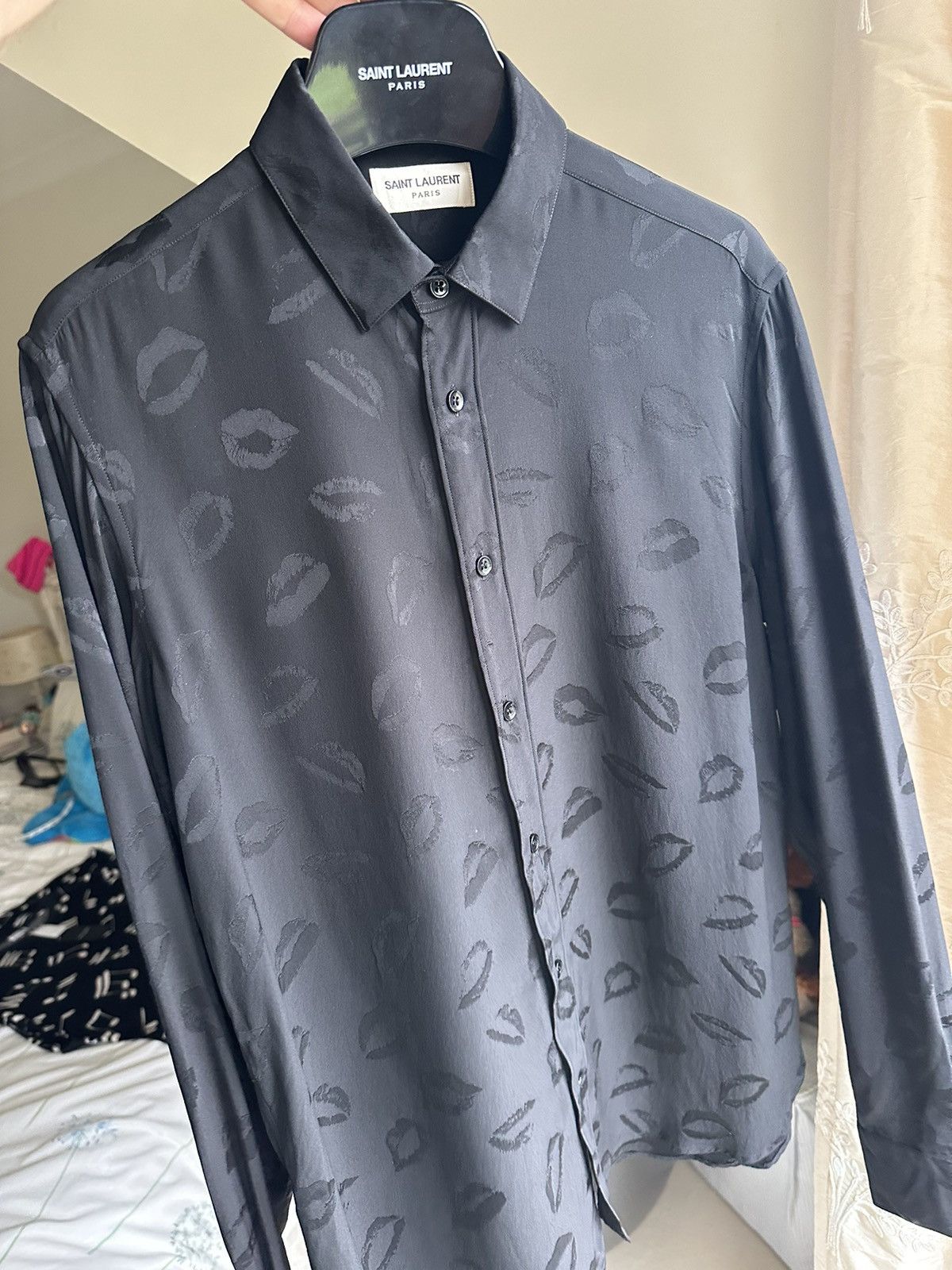 Saint Laurent Paris SS16 Saint Laurent kiss lips silk viscose black shirt Hedi Size US M / EU 48-50 / 2 - 13 Thumbnail
