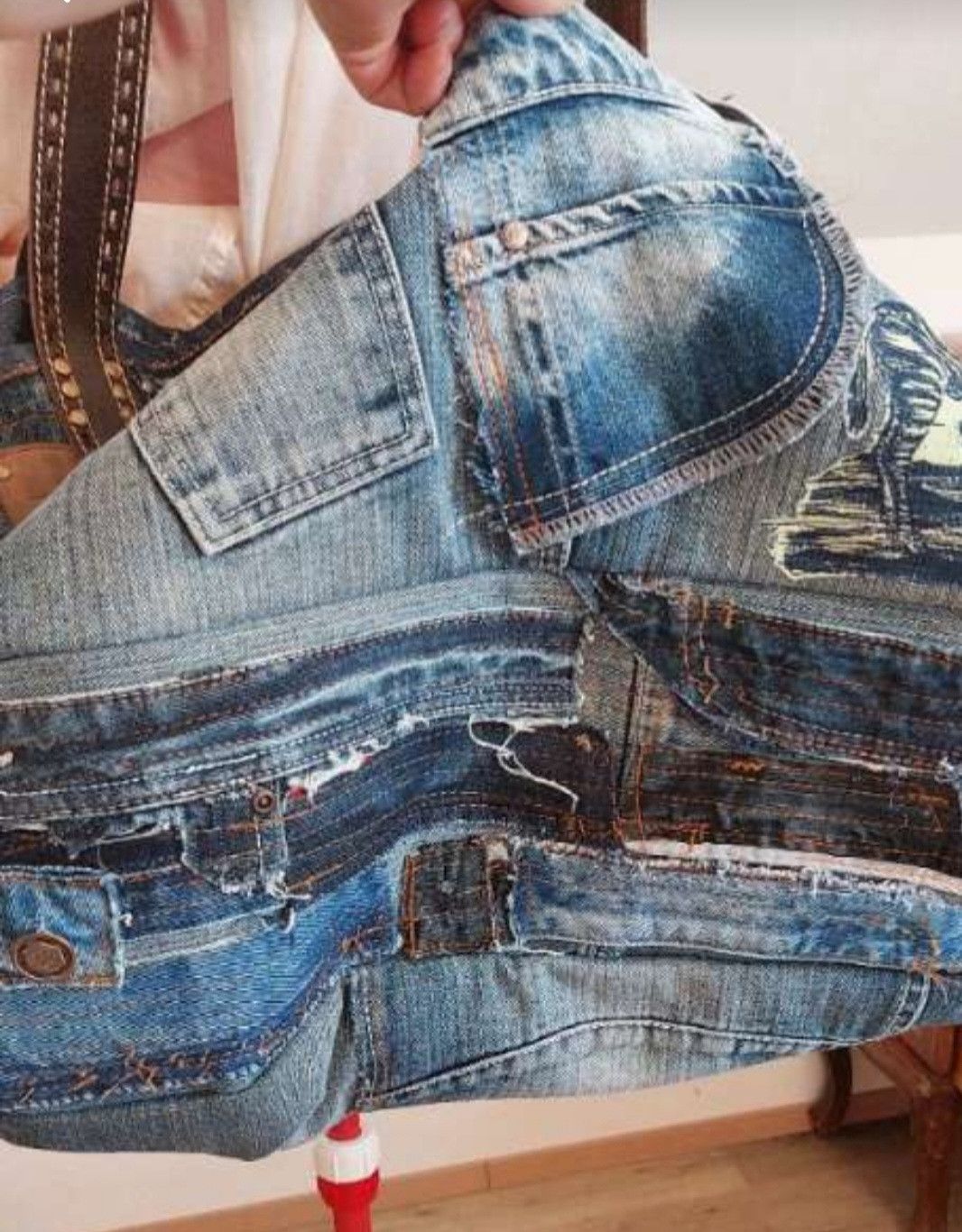 Handmade Heavy Denim Tote with Leather Belt Straps Size ONE SIZE - 9 Thumbnail