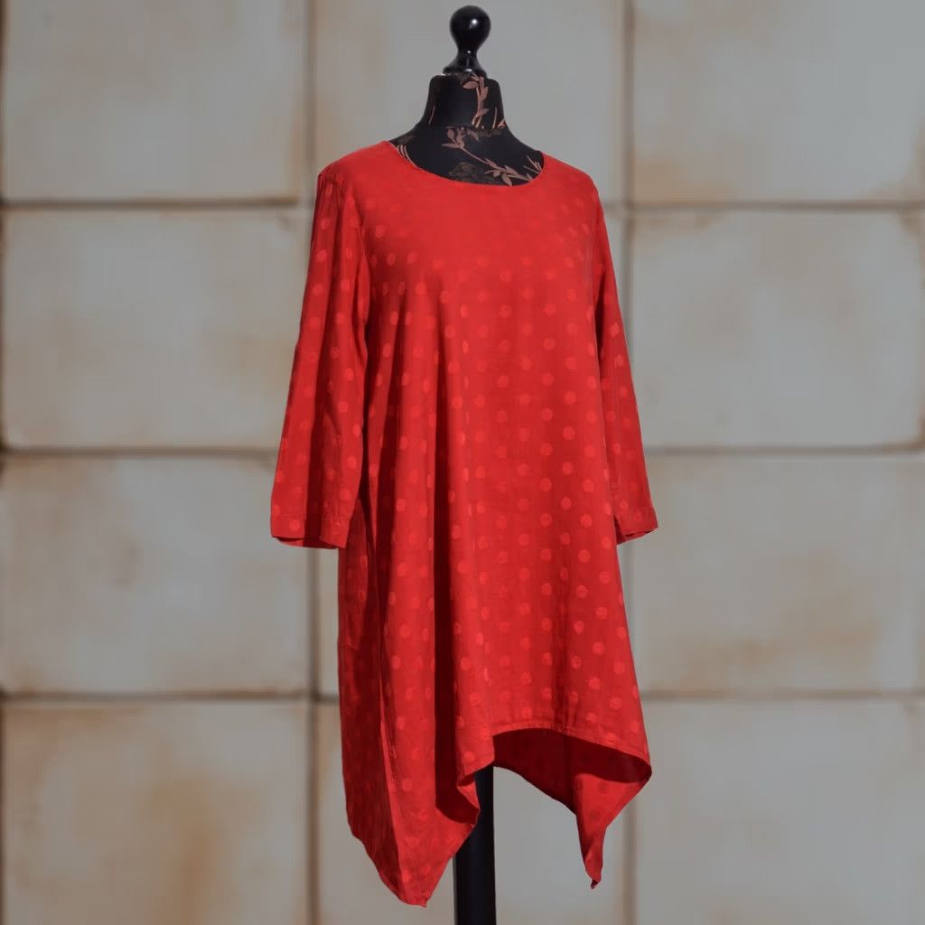 Vintage Grizas Red Polka Dot Linen Tunic Dress Asymmetric Hem Long Sleeve Oversized Sz S Size S / US 4 / IT 40 - 1 Thumbnail