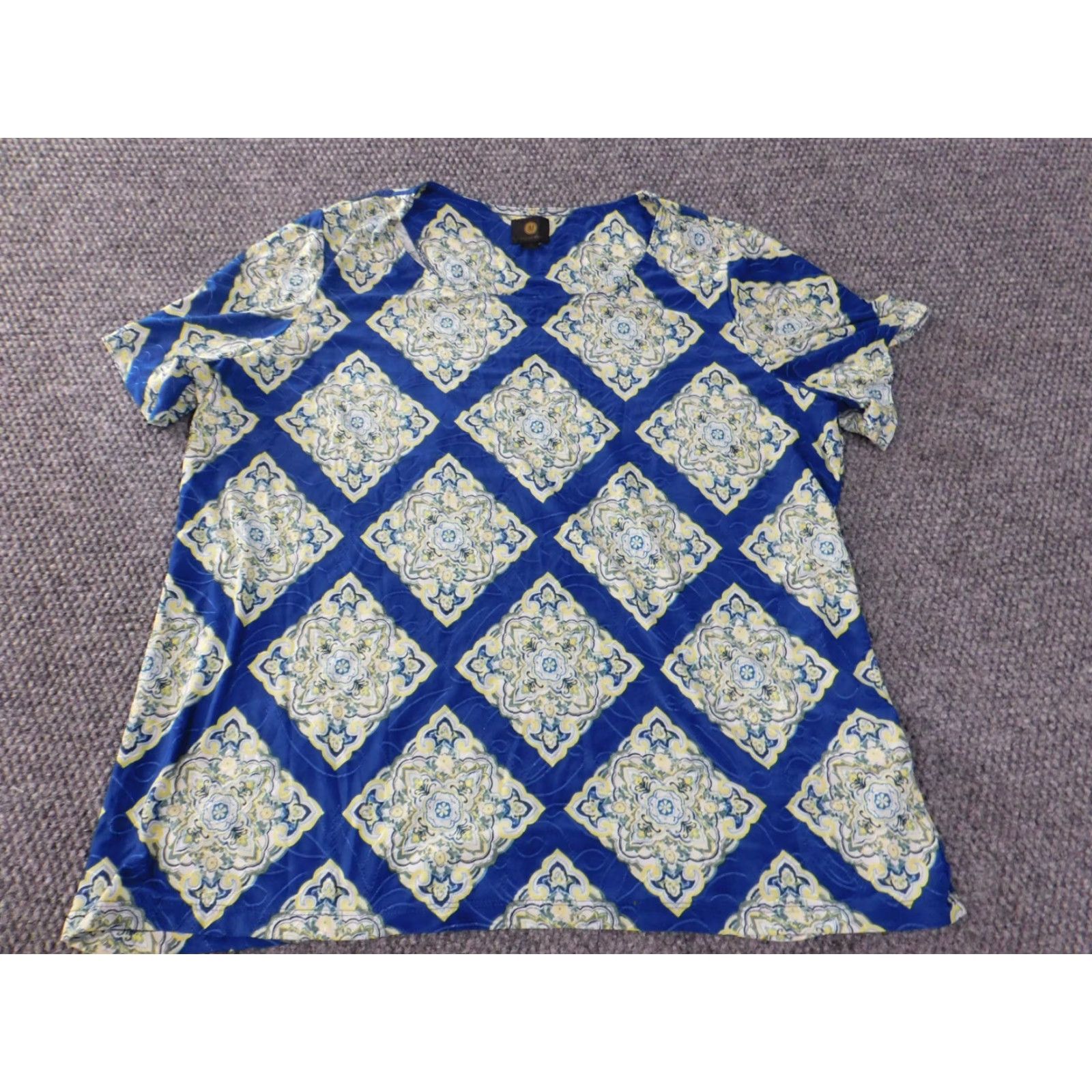 JM Collection JM Collection Blouse 2X Womens Blue Geometric Floral Stretch Knit Crew Neck Pullover Casual Shirt Top Polyester Plus Size Obvious Designer Style Size XXL / US 16-18 / IT 52-54 - 3 Thumbnail