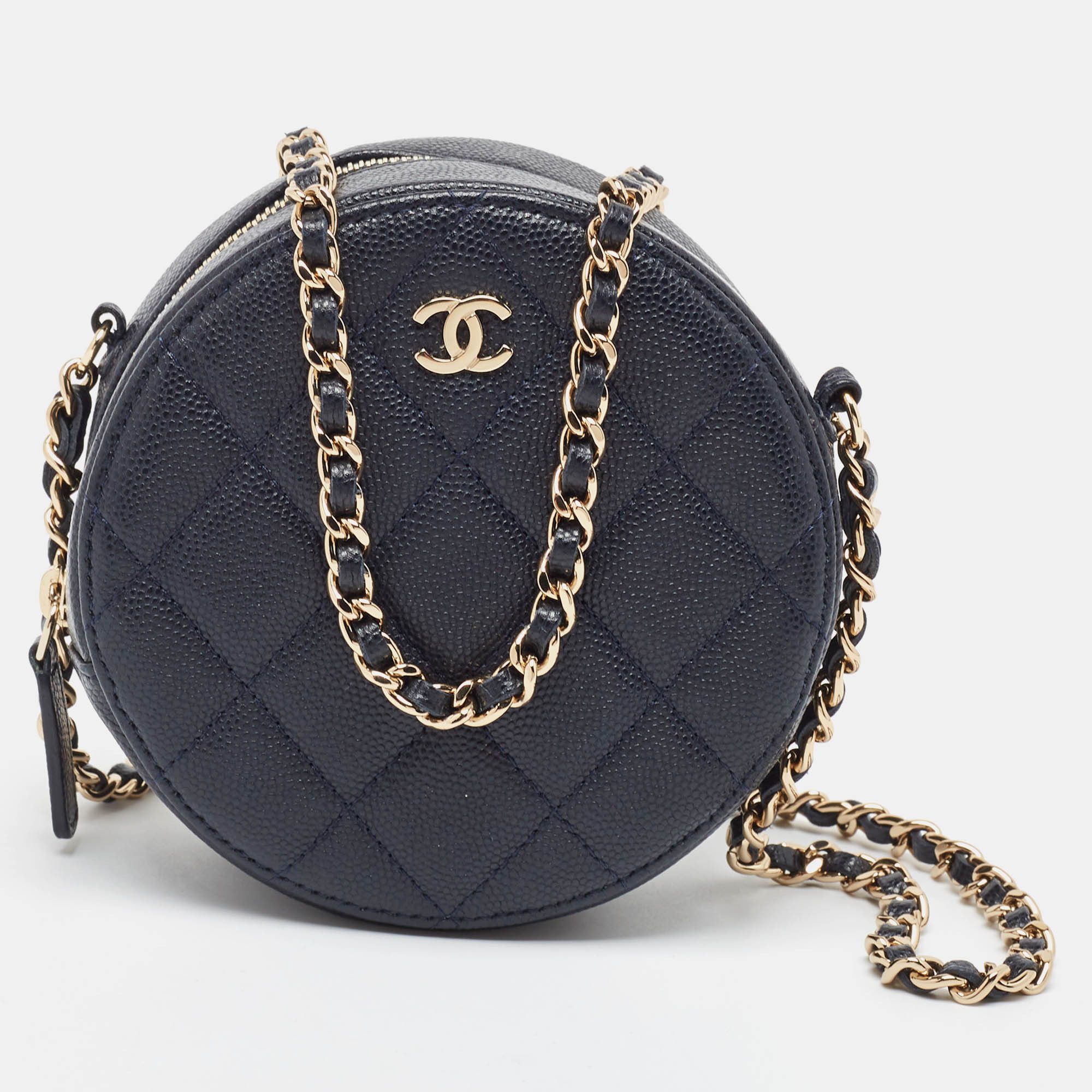image of Chanel Navy Blue Quilted Caviar Leather Cc Round Chain Clutch, Women's