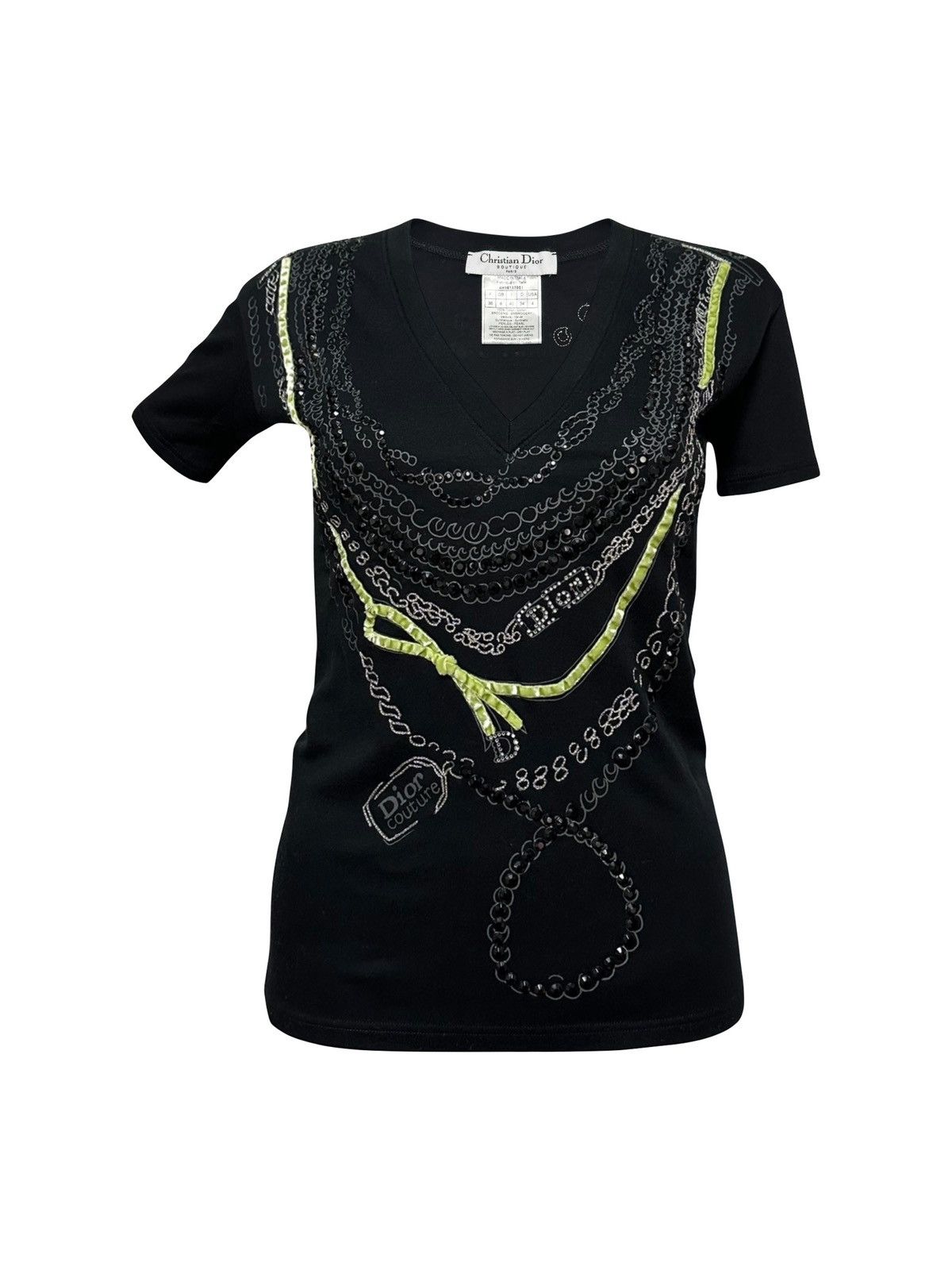 Dior CHRISTIAN DIOR F/W 2004 Embellished Necklace V-neck T-Shirt Size XS / US 0-2 / IT 36-38 - 1 Thumbnail