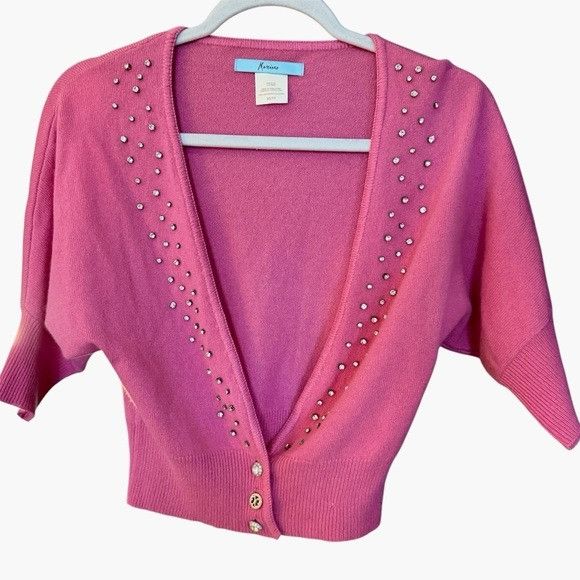 Other Vintage Y2K Marciano Pink Cashmere Beaded Rhinestones Cardig Size XS / US 0-2 / IT 36-38 - 2 Thumbnail