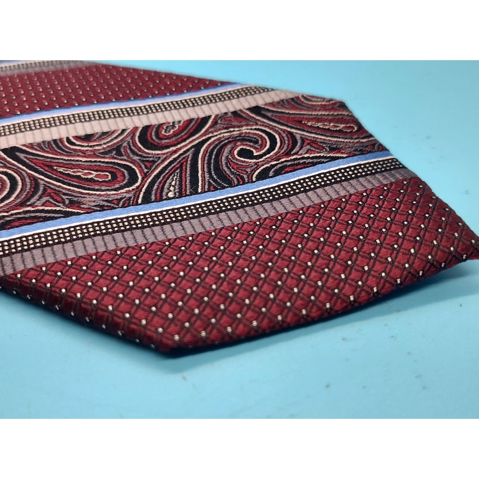 Pronto Uomo VINTAGE Pronto Uomo Silk Necktie Mens Long 3" Burgundy Paisley Silver Geometric Preppy 61" NEW Size ONE SIZE - 2 Thumbnail