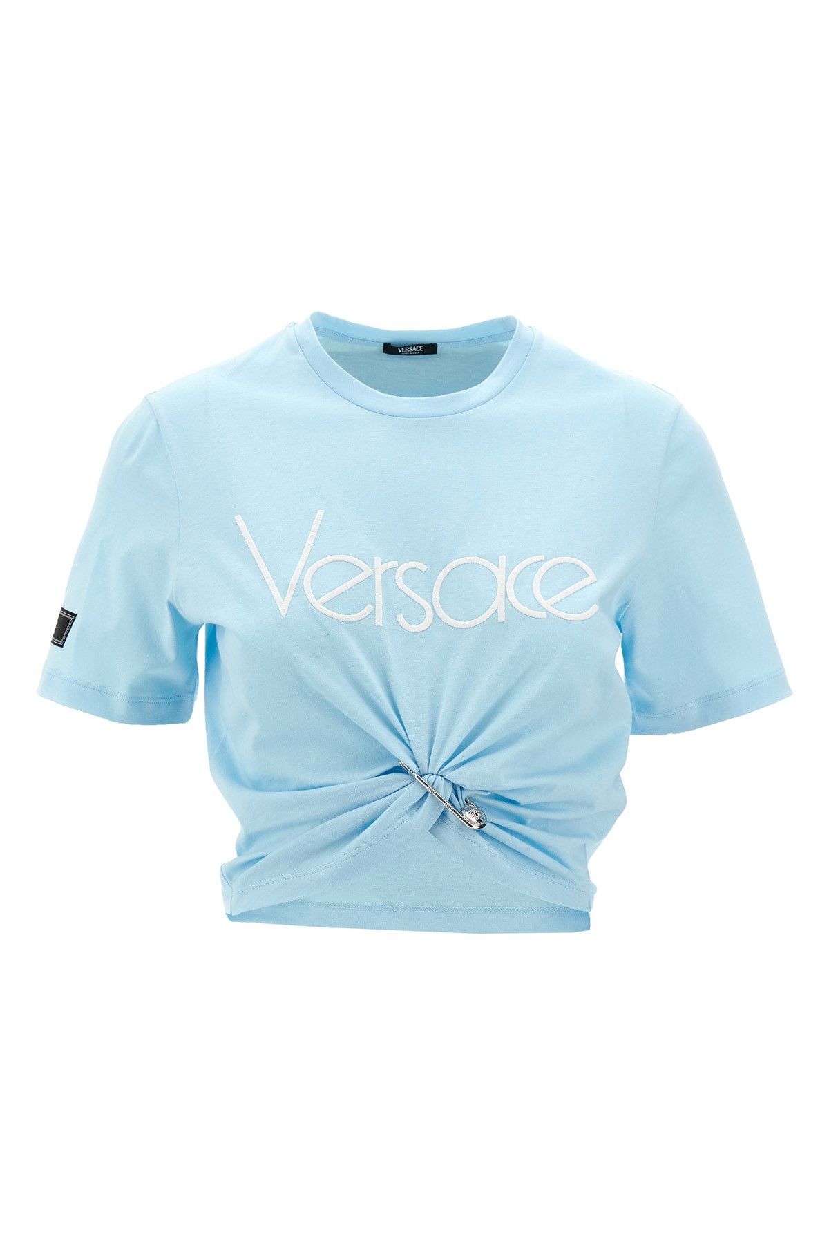 image of Versace Logo Crop T-Shirt in Light Blue, Women's (Size XS)