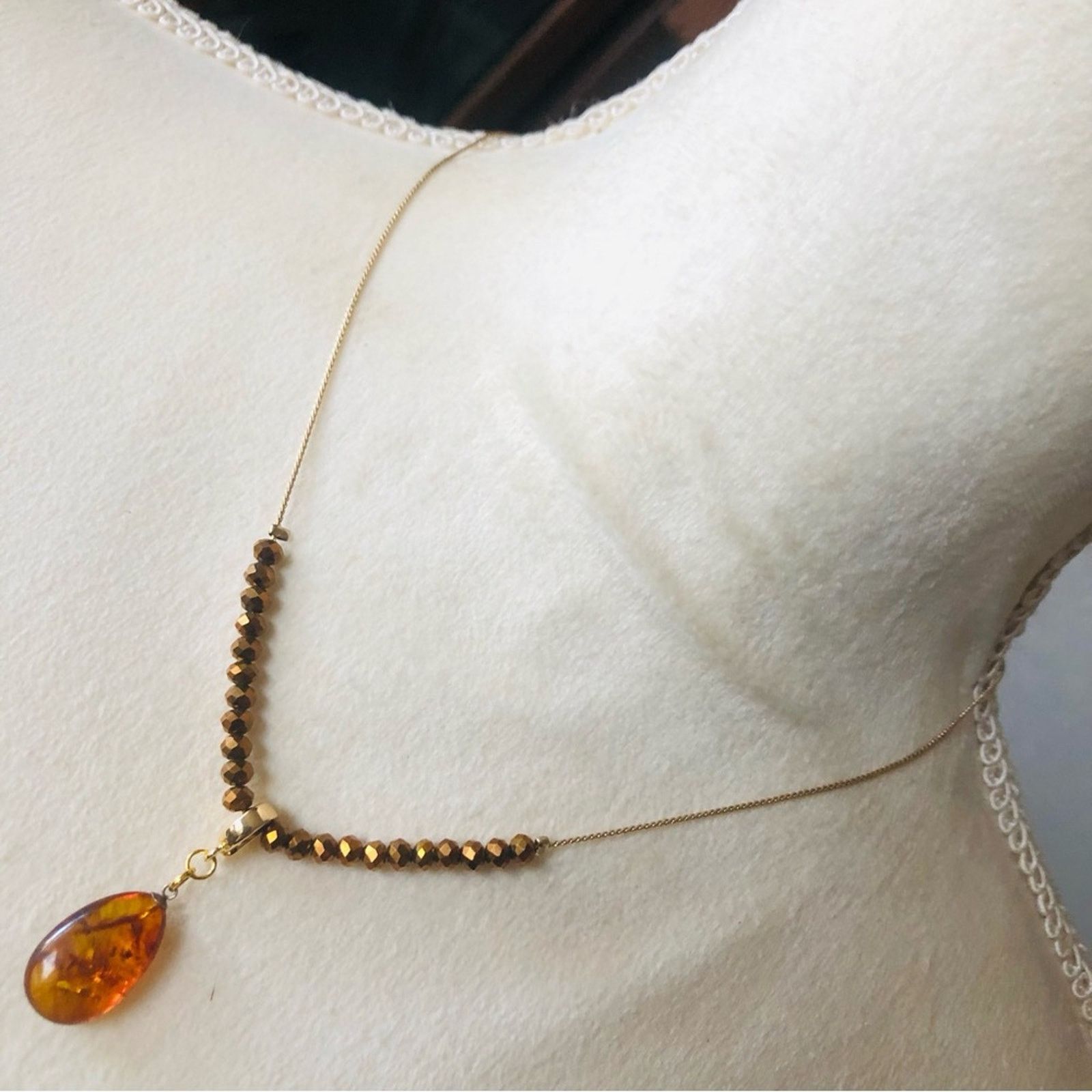 Handmade Handcrafted simulated amber raindrop pendant chain necklace Size ONE SIZE - 1 Thumbnail