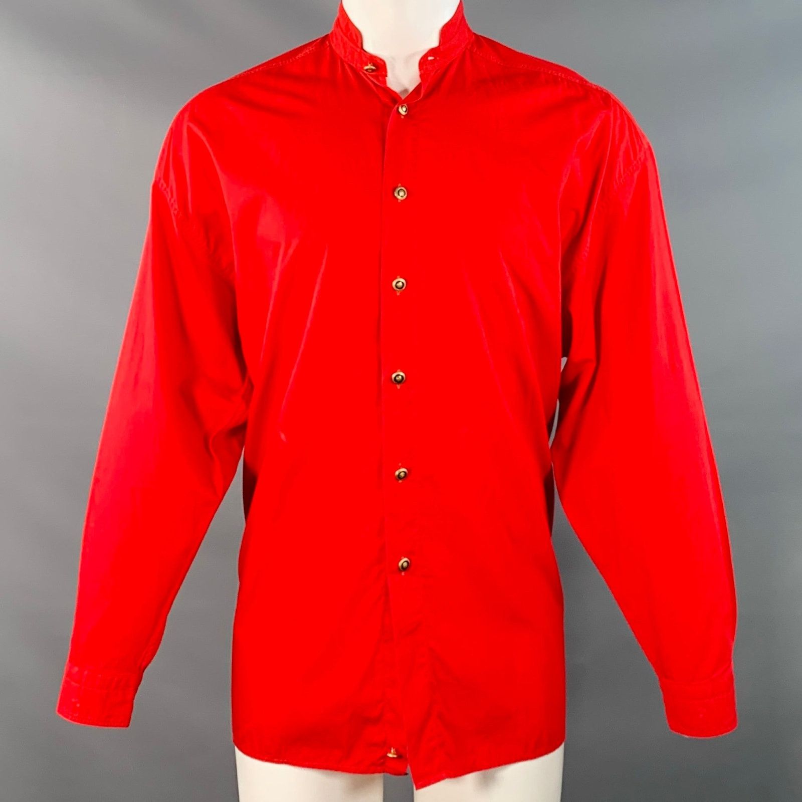 Vintage Size M Red Cotton Nehru Collar Long Sleeve Shirt