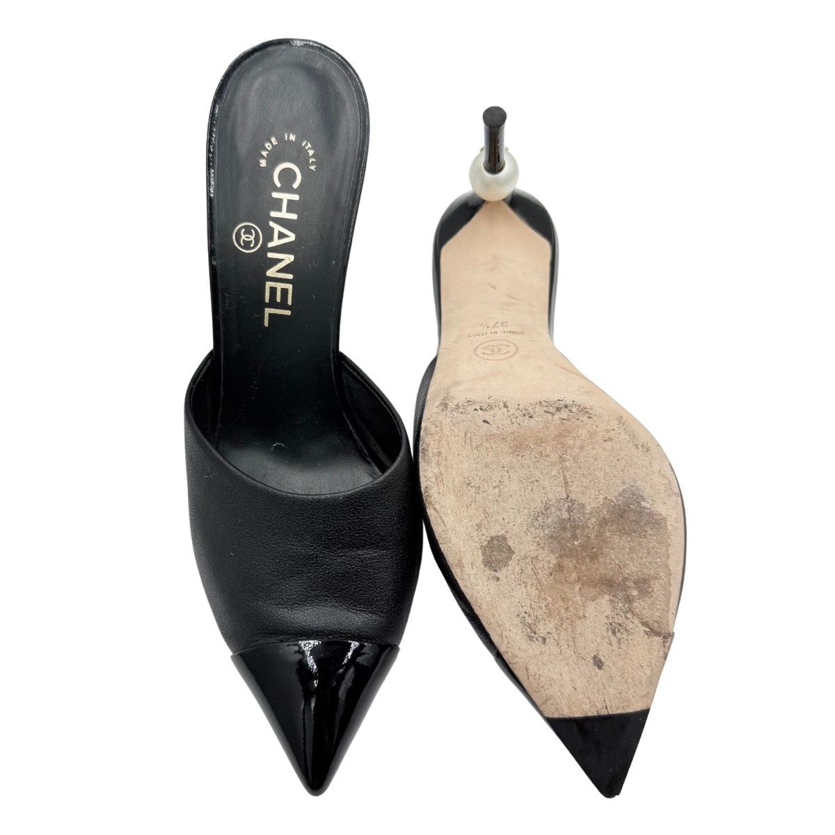 Chanel Chanel Interlocking CC Pearl Pointed Toe Heeled Mules Black Size US 7.5 / IT 37.5 - 5 Thumbnail