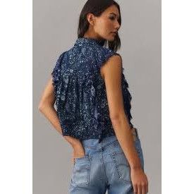 Anthropologie Pilcro Navy Denim Button Down Floral Ruffle Top Size S / US 4 / IT 40 - 3 Thumbnail
