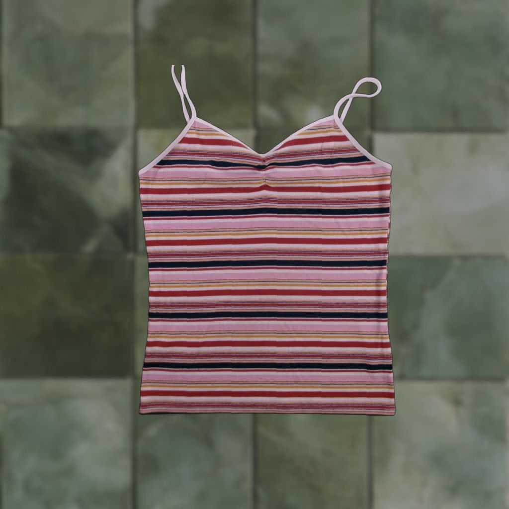 Vintage No Boundaries Cami Womens Tank 2XL Striped Spaghetti Strap Pink Cotton Blend V-Neck Sleeveless Shirt Camisole Tight Slim Casual Size XXL / US 16-18 / IT 52-54 - 1 Thumbnail