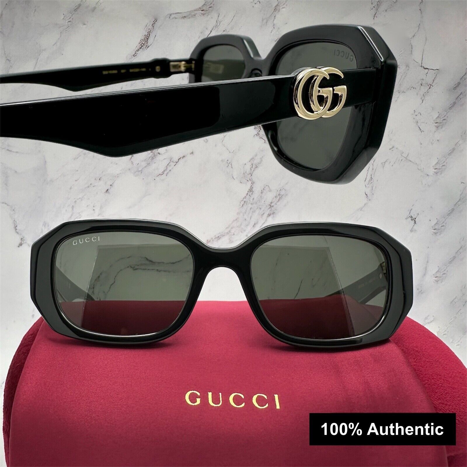 Gucci New Gucci Sunglasses Black Geometric Rectangle Gold GG Size ONE SIZE - 22 Thumbnail