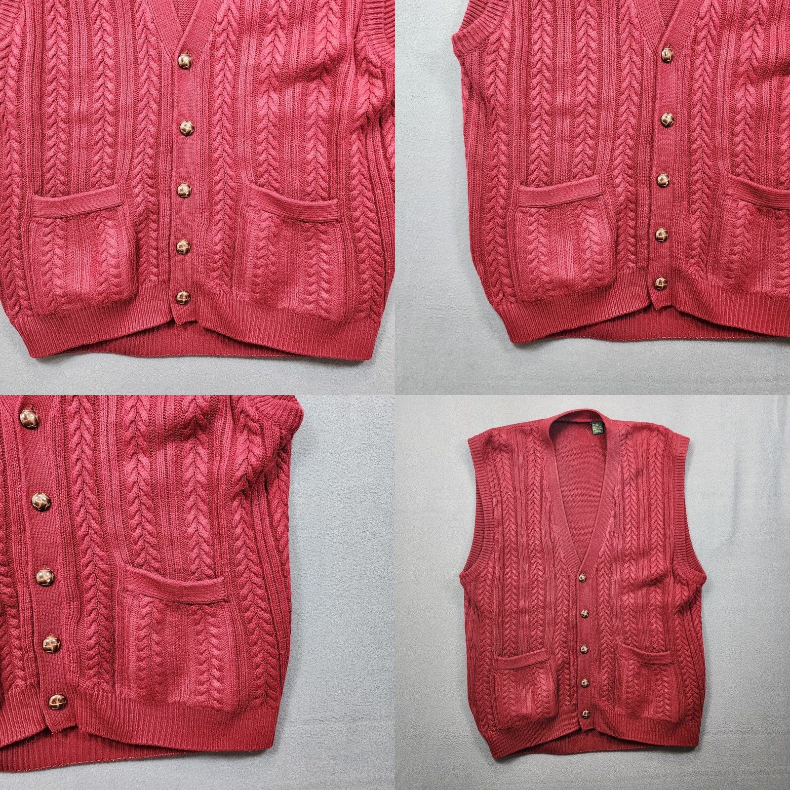 Vintage VINTAGE Mens Cable Knit Sweater Vest XL Burgundy Sleeveless Cardigan Pockets Preppy Cable-Knit V-Neck Mens 90s Preppy Style Size US XL / EU 56 / 4 - 8 Thumbnail